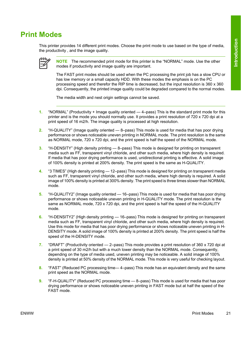 Print modes | HP Designjet 10000s Printer series User Manual | Page 31 / 330