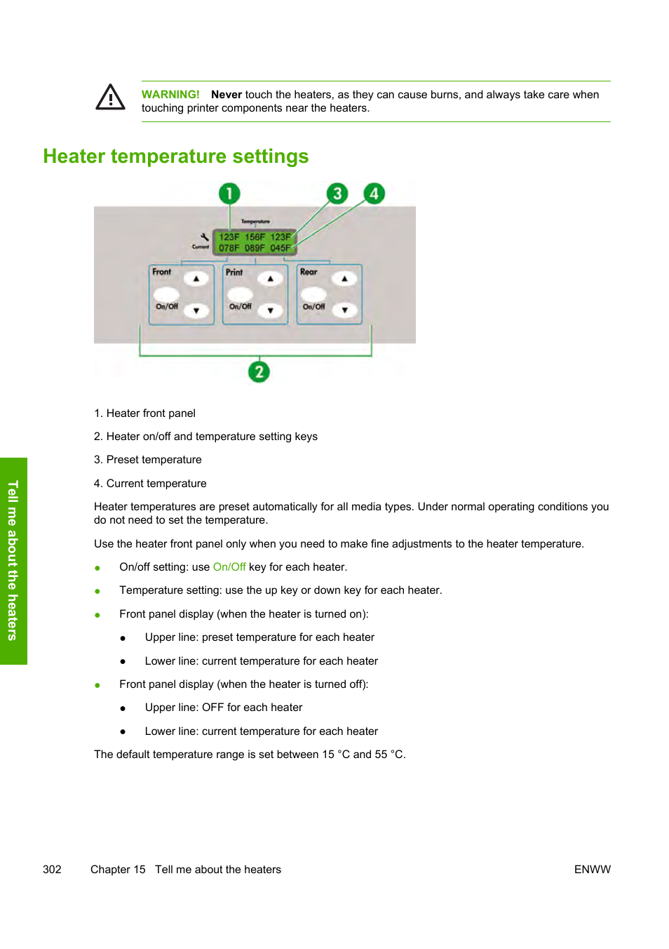 Heater temperature settings | HP Designjet 10000s Printer series User Manual | Page 312 / 330