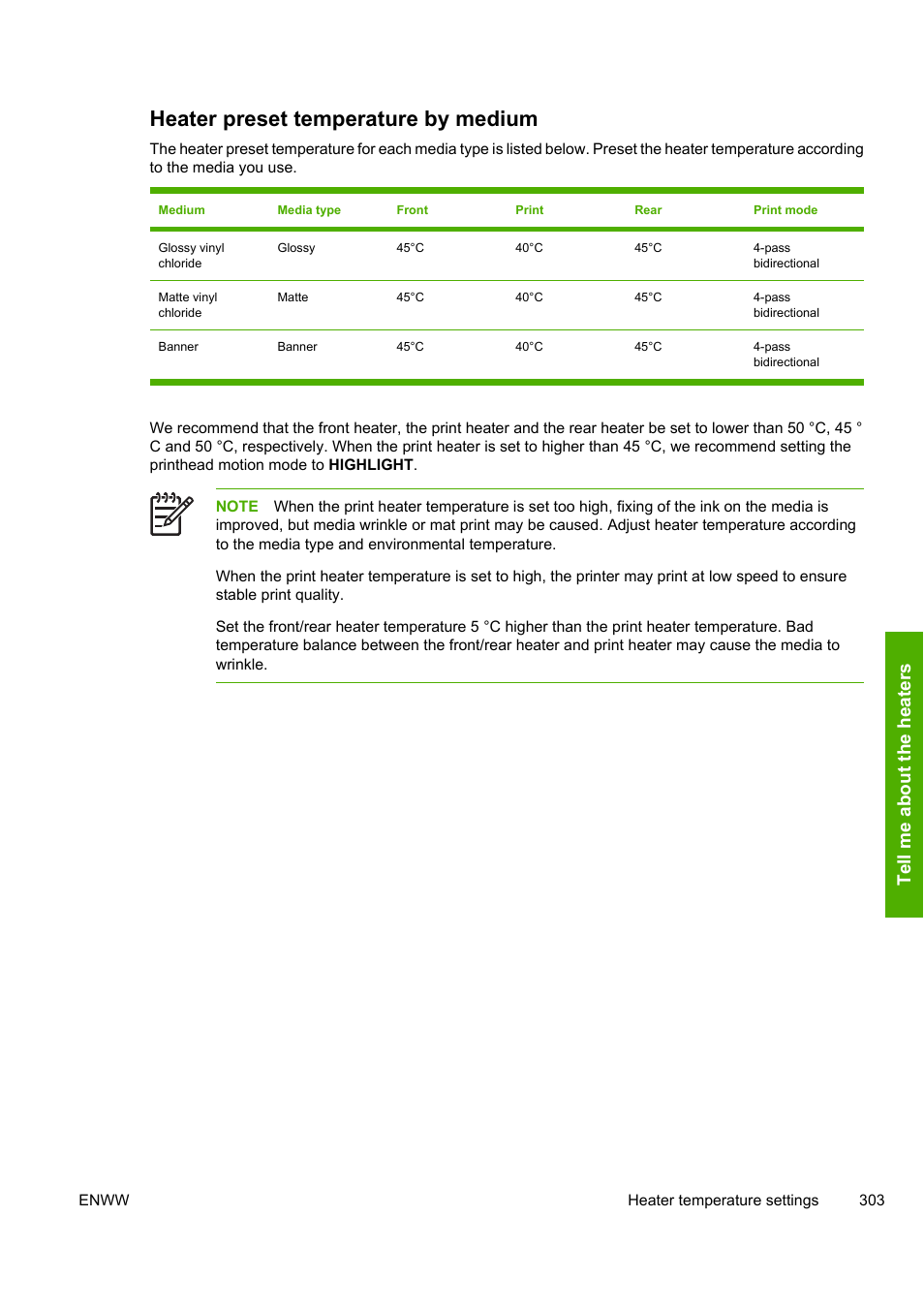 Heater preset temperature by medium | HP Designjet 10000s Printer series User Manual | Page 313 / 330