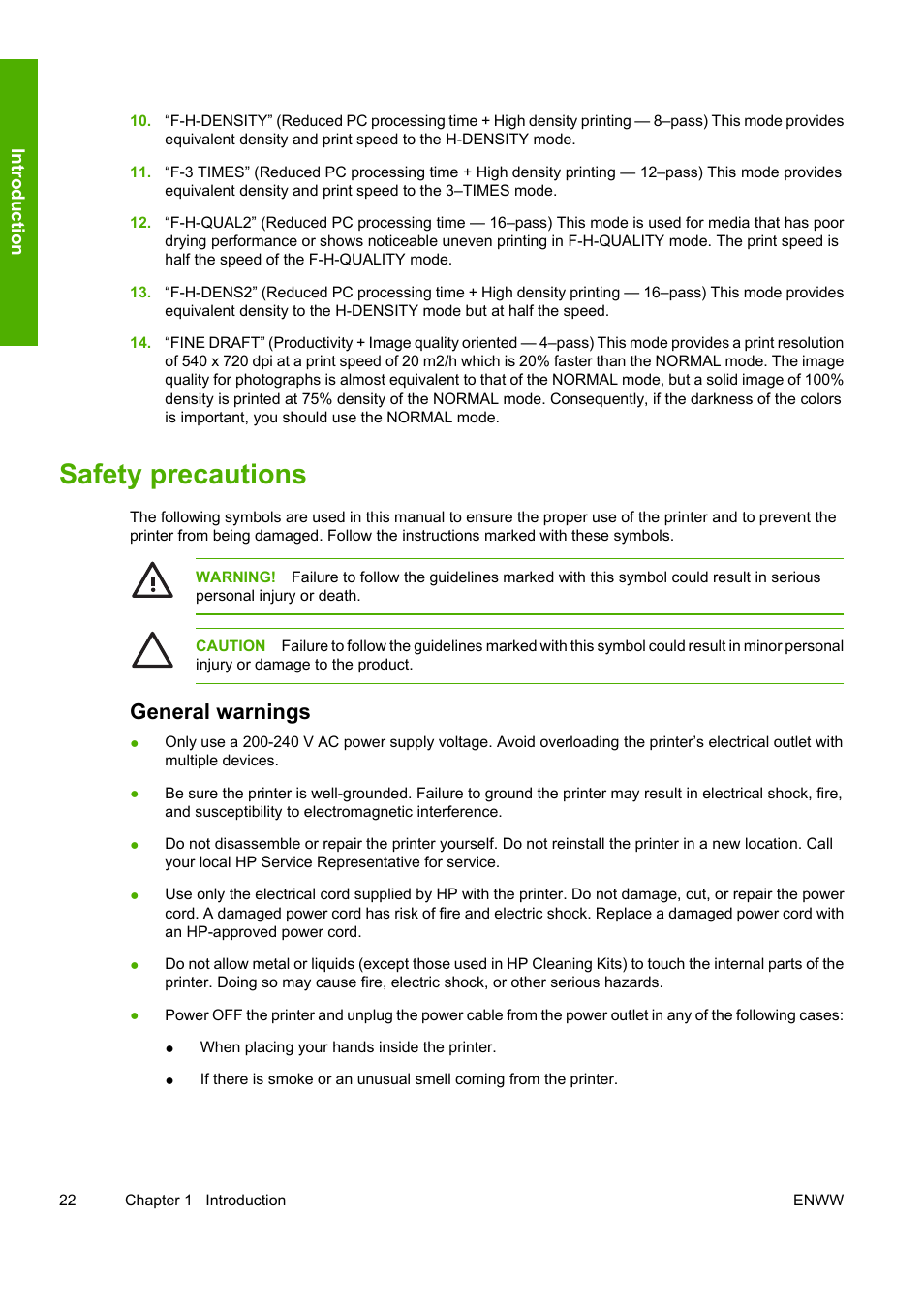 Safety precautions, General warnings | HP Designjet 10000s Printer series User Manual | Page 32 / 330