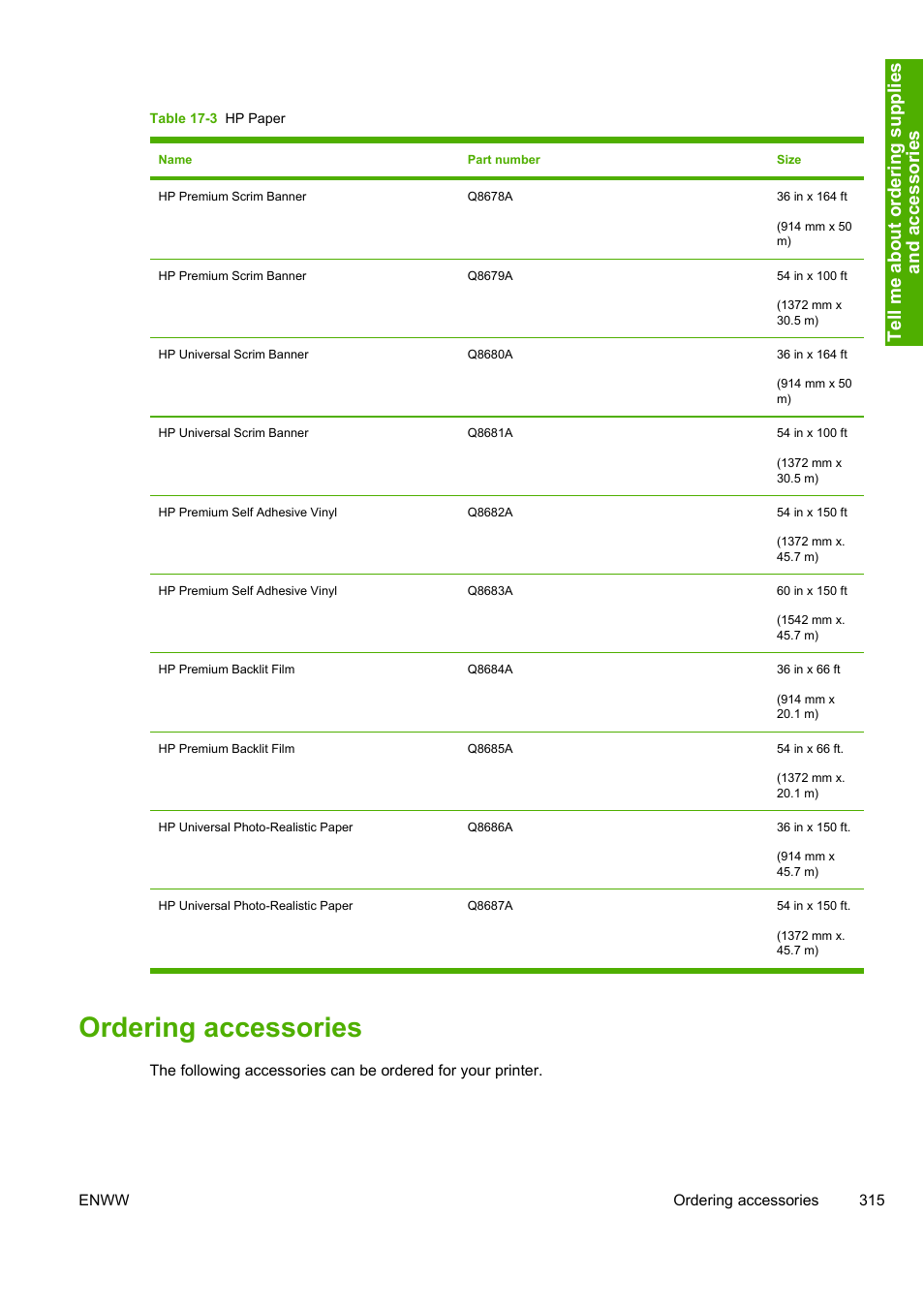 Ordering accessories | HP Designjet 10000s Printer series User Manual | Page 325 / 330
