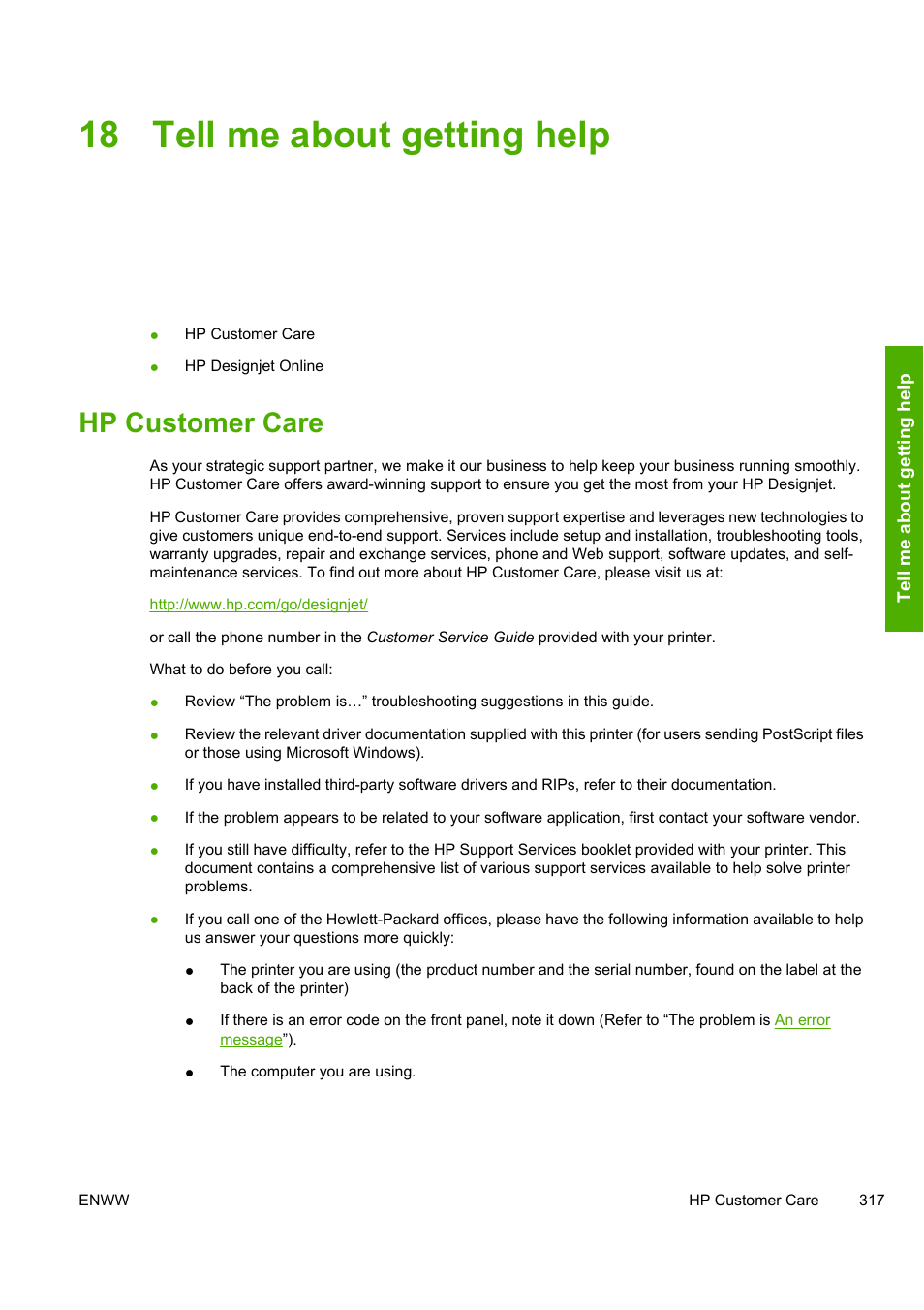 18 tell me about getting help, Hp customer care | HP Designjet 10000s Printer series User Manual | Page 327 / 330