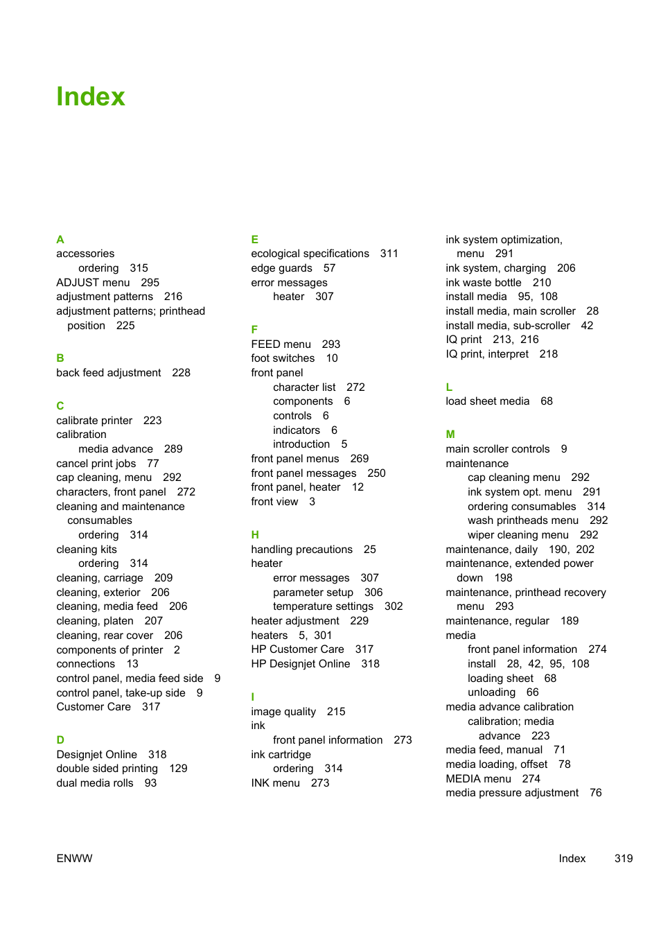 Index | HP Designjet 10000s Printer series User Manual | Page 329 / 330