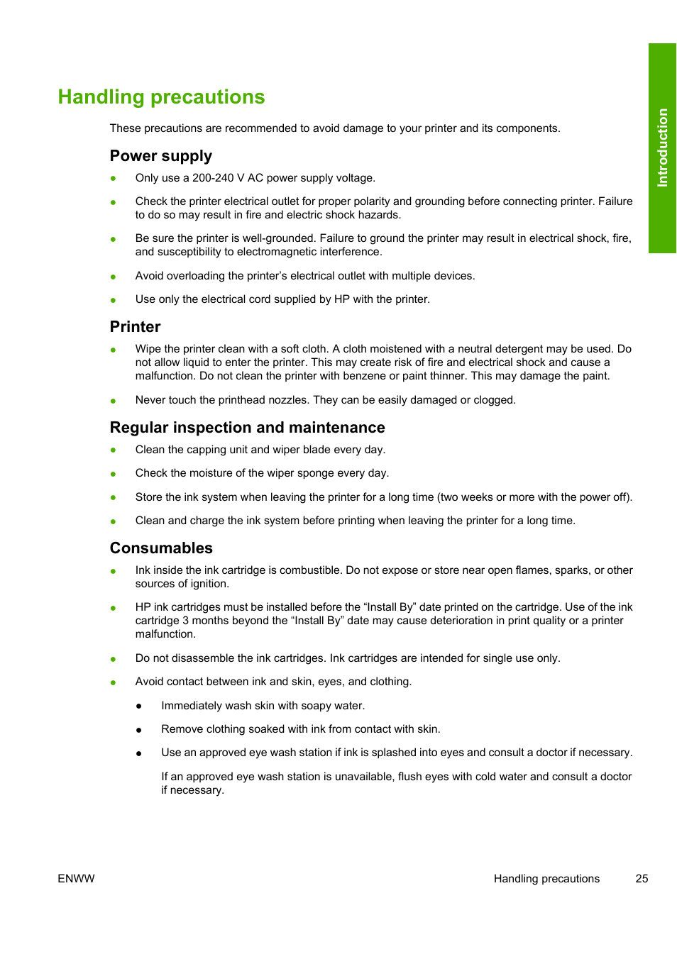 Handling precautions, Power supply, Printer | Regular inspection and maintenance, Consumables | HP Designjet 10000s Printer series User Manual | Page 35 / 330