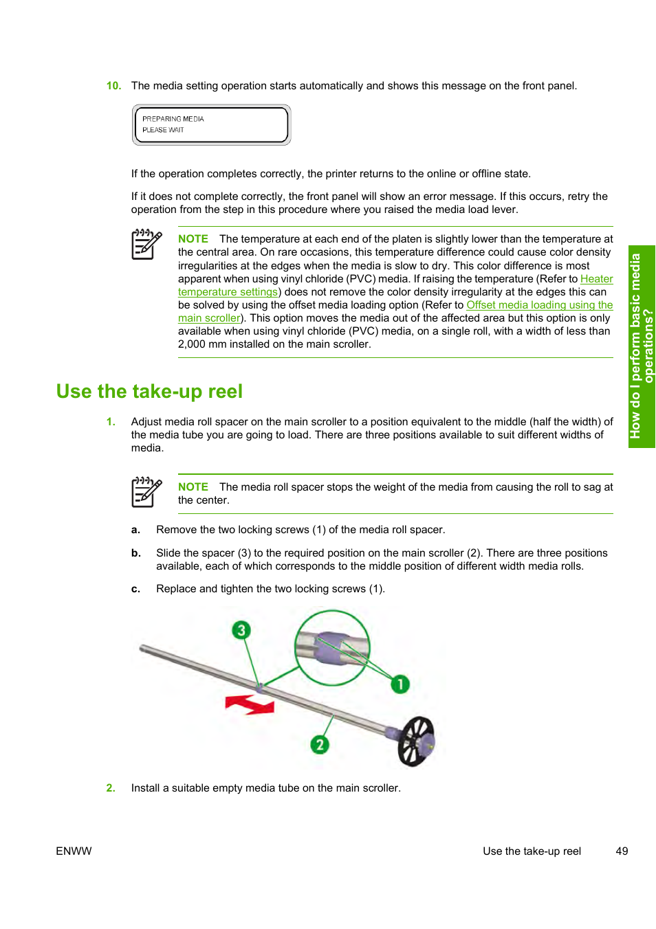 Use the take-up reel | HP Designjet 10000s Printer series User Manual | Page 59 / 330