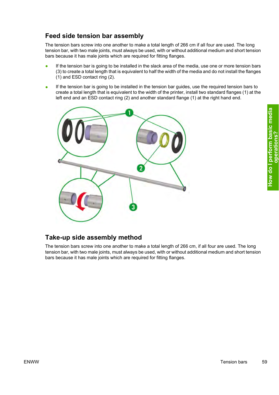 Feed side tension bar assembly, Take-up side assembly method | HP Designjet 10000s Printer series User Manual | Page 69 / 330