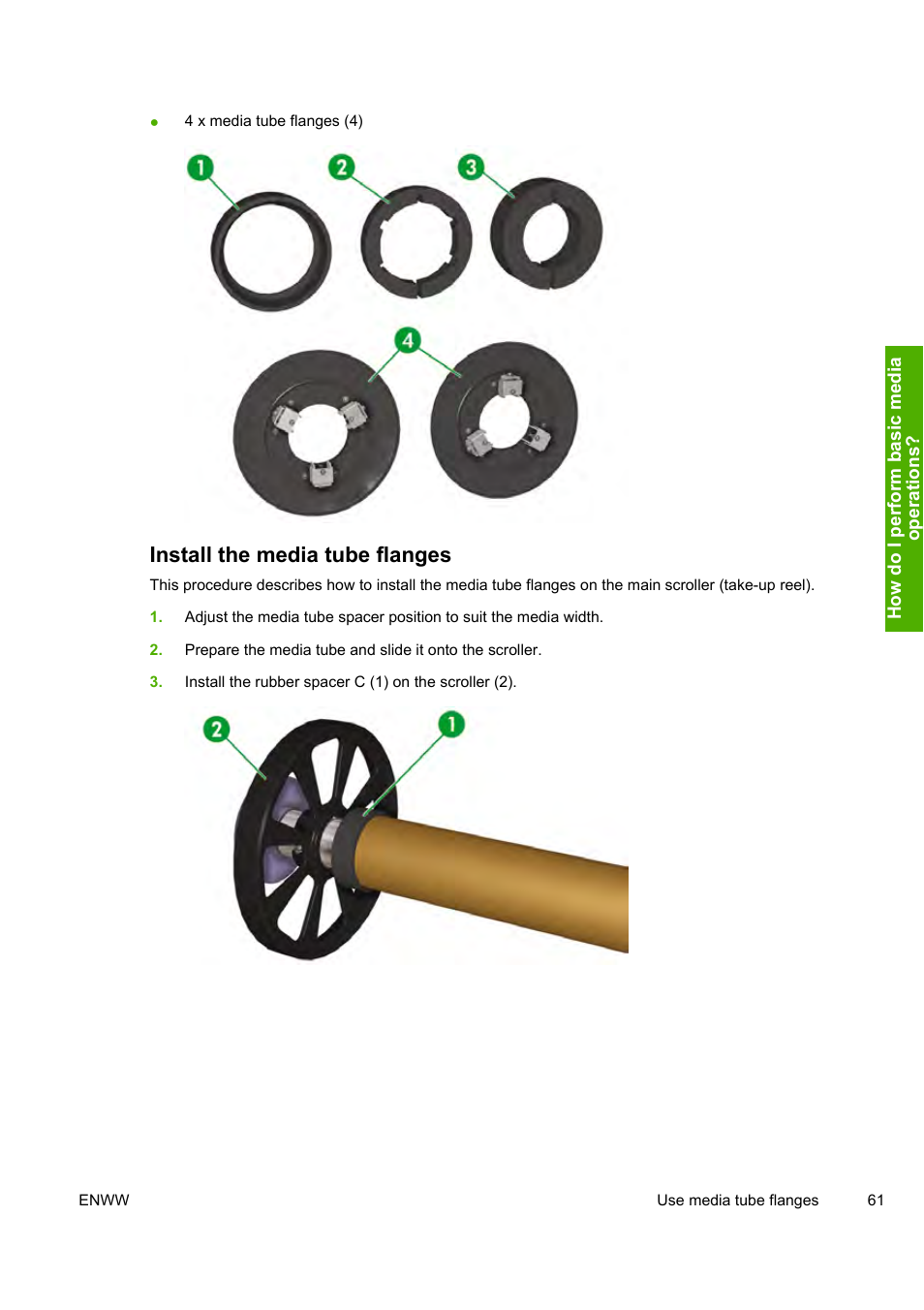 Install the media tube flanges | HP Designjet 10000s Printer series User Manual | Page 71 / 330