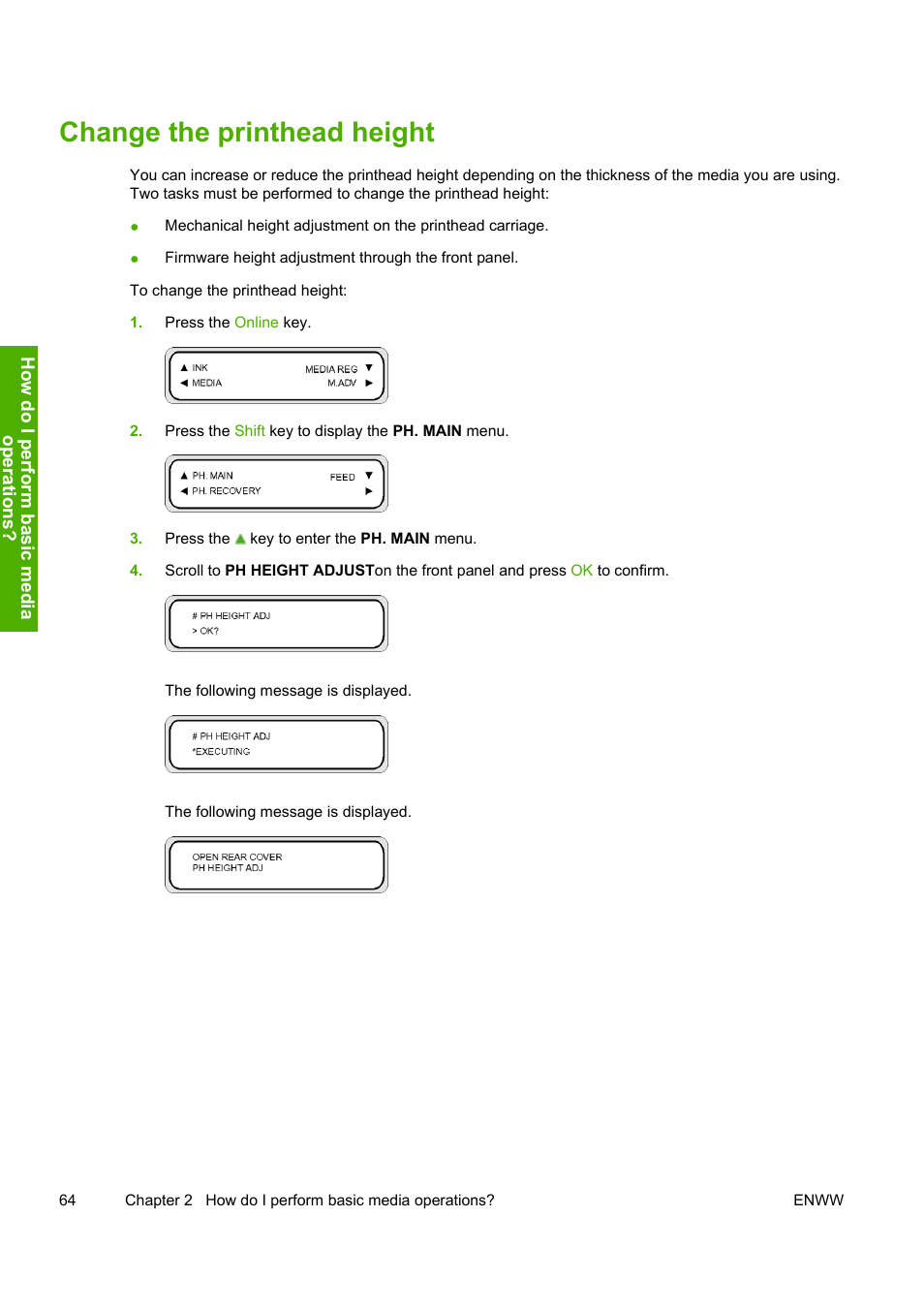 Change the printhead height | HP Designjet 10000s Printer series User Manual | Page 74 / 330