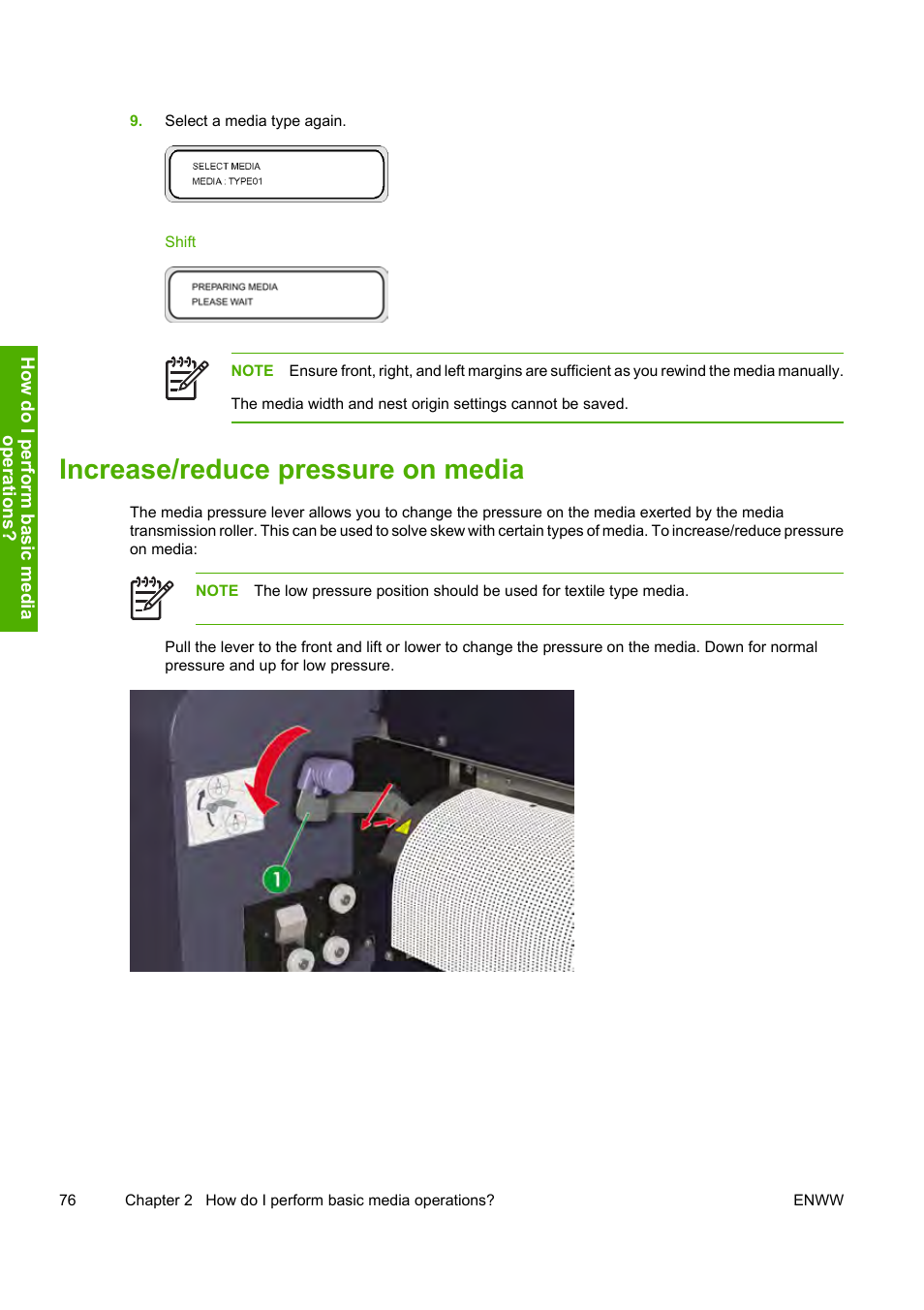 Increase/reduce pressure on media | HP Designjet 10000s Printer series User Manual | Page 86 / 330