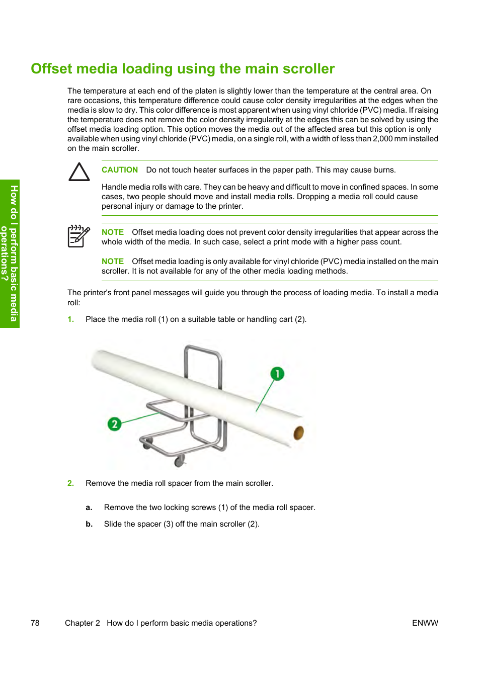 Offset media loading using the main scroller | HP Designjet 10000s Printer series User Manual | Page 88 / 330