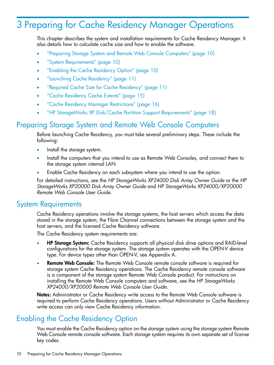 3 preparing for cache residency manager operations, System requirements, Enabling the cache residency option | HP XP Array Manager Software User Manual | Page 10 / 52