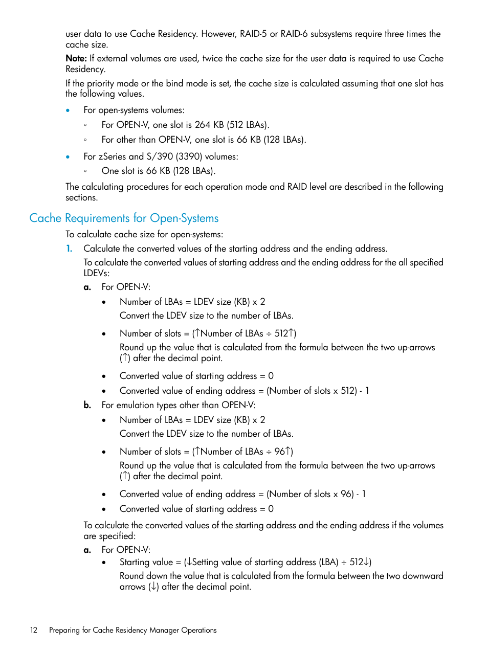 Cache requirements for open-systems | HP XP Array Manager Software User Manual | Page 12 / 52