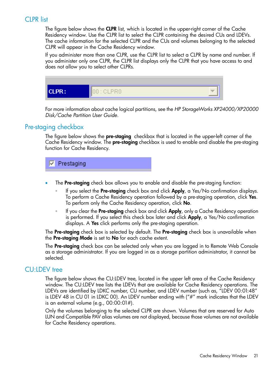 Clpr list, Pre-staging checkbox, Cu:ldev tree | Clpr list pre-staging checkbox cu:ldev tree | HP XP Array Manager Software User Manual | Page 21 / 52