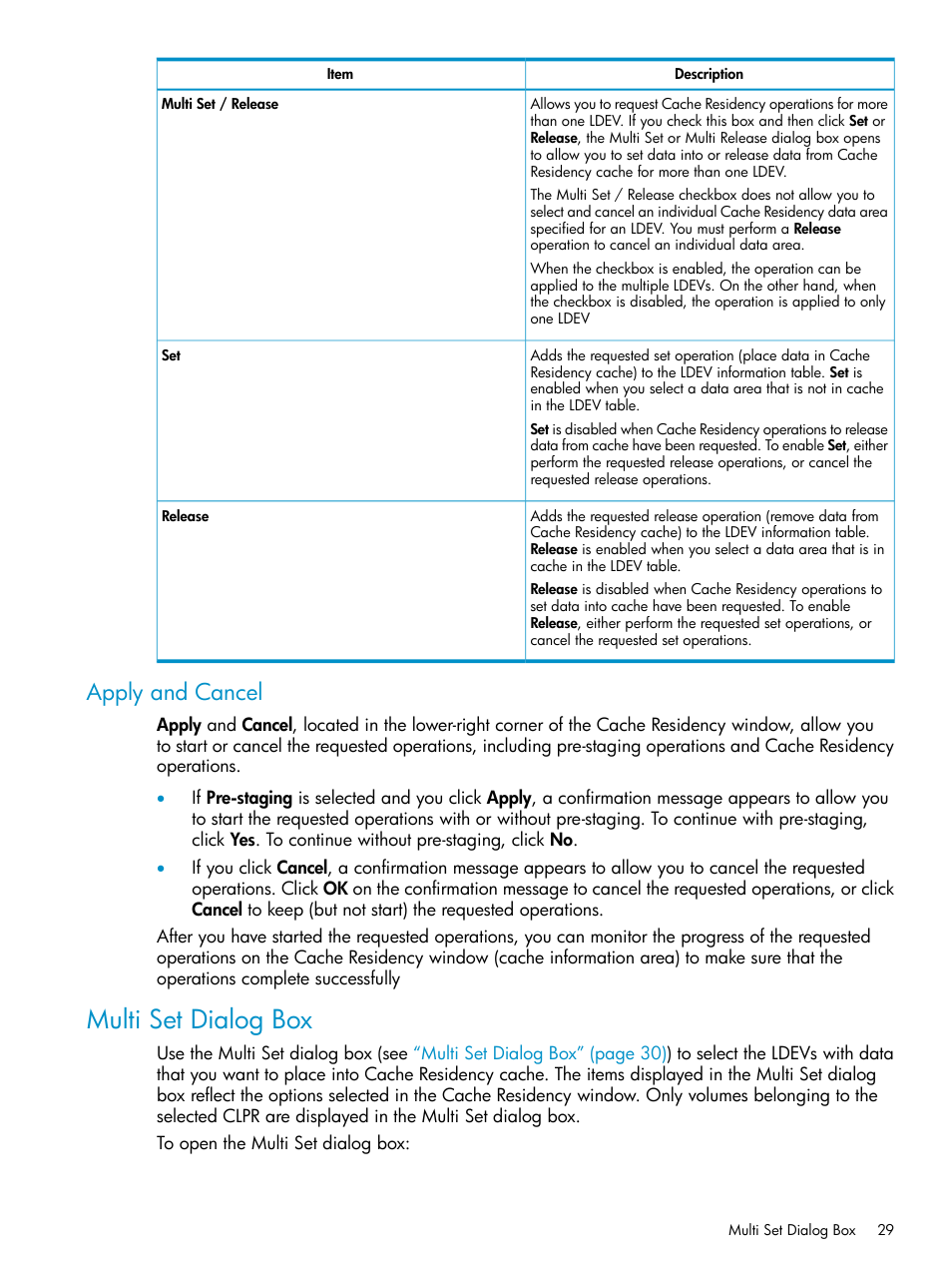 Apply and cancel, Multi set dialog box | HP XP Array Manager Software User Manual | Page 29 / 52