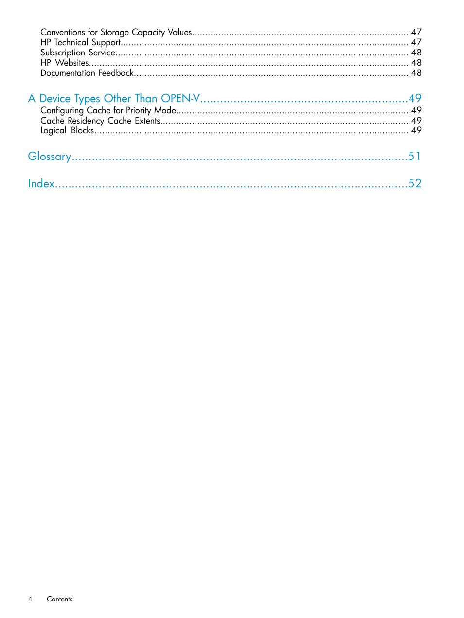 A device types other than open-v, Glossary index | HP XP Array Manager Software User Manual | Page 4 / 52