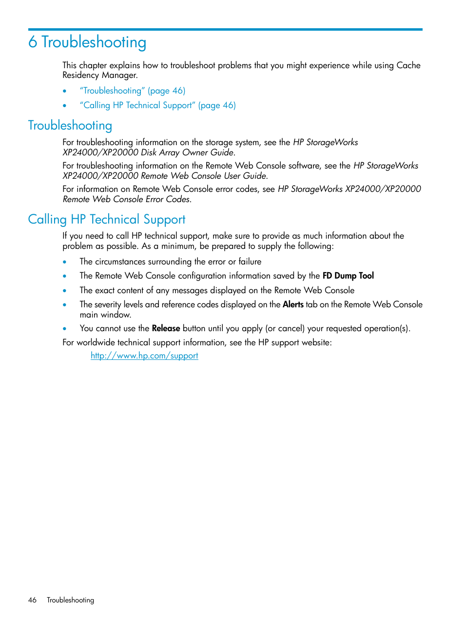 6 troubleshooting, Troubleshooting, Calling hp technical support | Troubleshooting calling hp technical support | HP XP Array Manager Software User Manual | Page 46 / 52