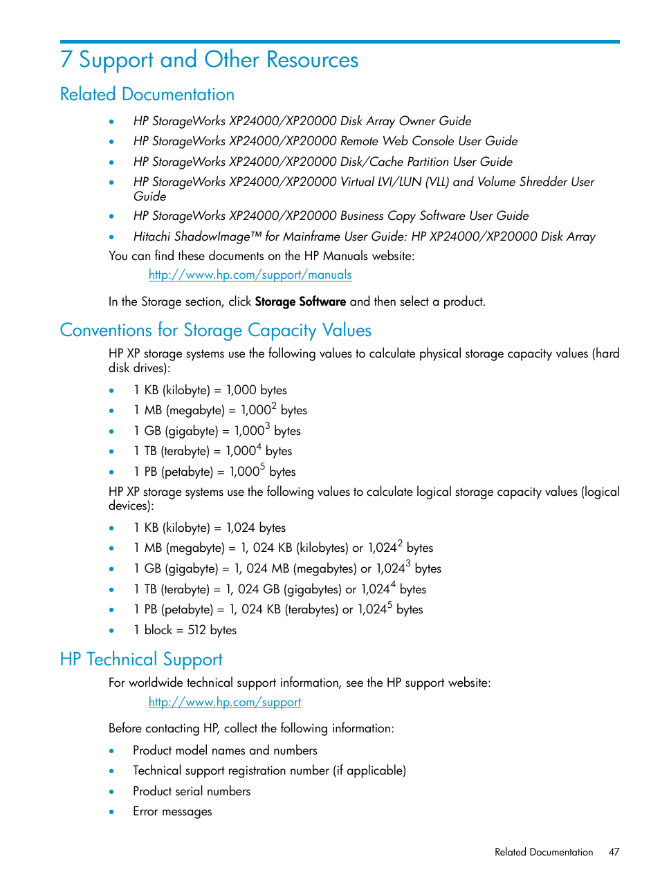 7 support and other resources, Related documentation, Conventions for storage capacity values | Hp technical support | HP XP Array Manager Software User Manual | Page 47 / 52