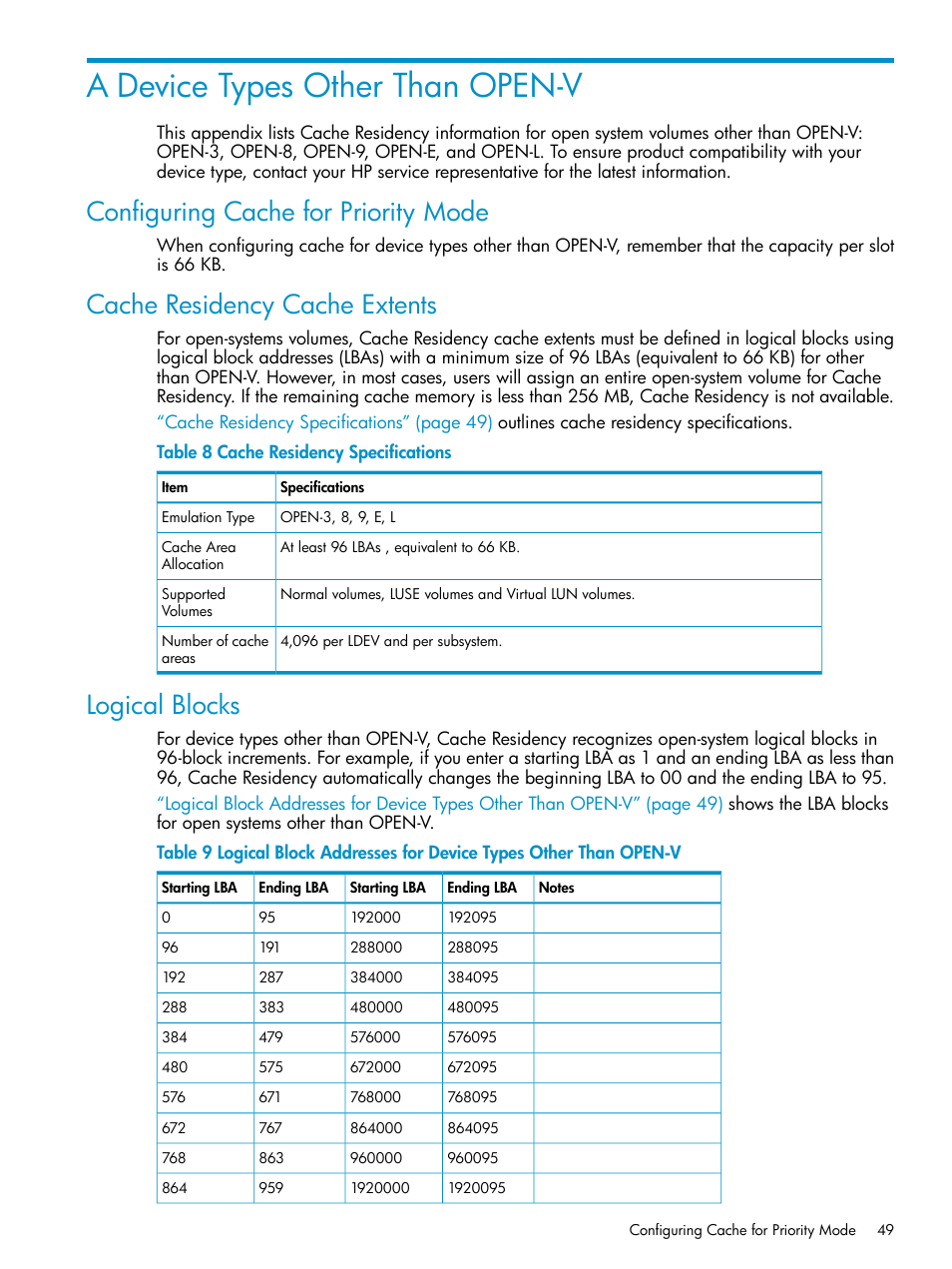 A device types other than open-v, Configuring cache for priority mode, Cache residency cache extents | Logical blocks | HP XP Array Manager Software User Manual | Page 49 / 52