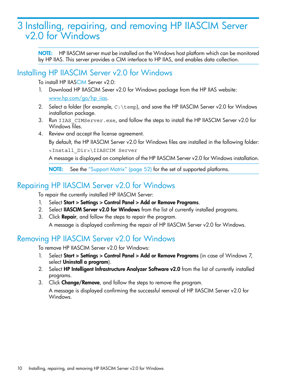 Installing hp iiascim server v2.0 for windows, Repairing hp iiascim server v2.0 for windows, Removing hp iiascim server v2.0 for windows | HP Intelligent Infrastructure Analyzer Software User Manual | Page 10 / 62
