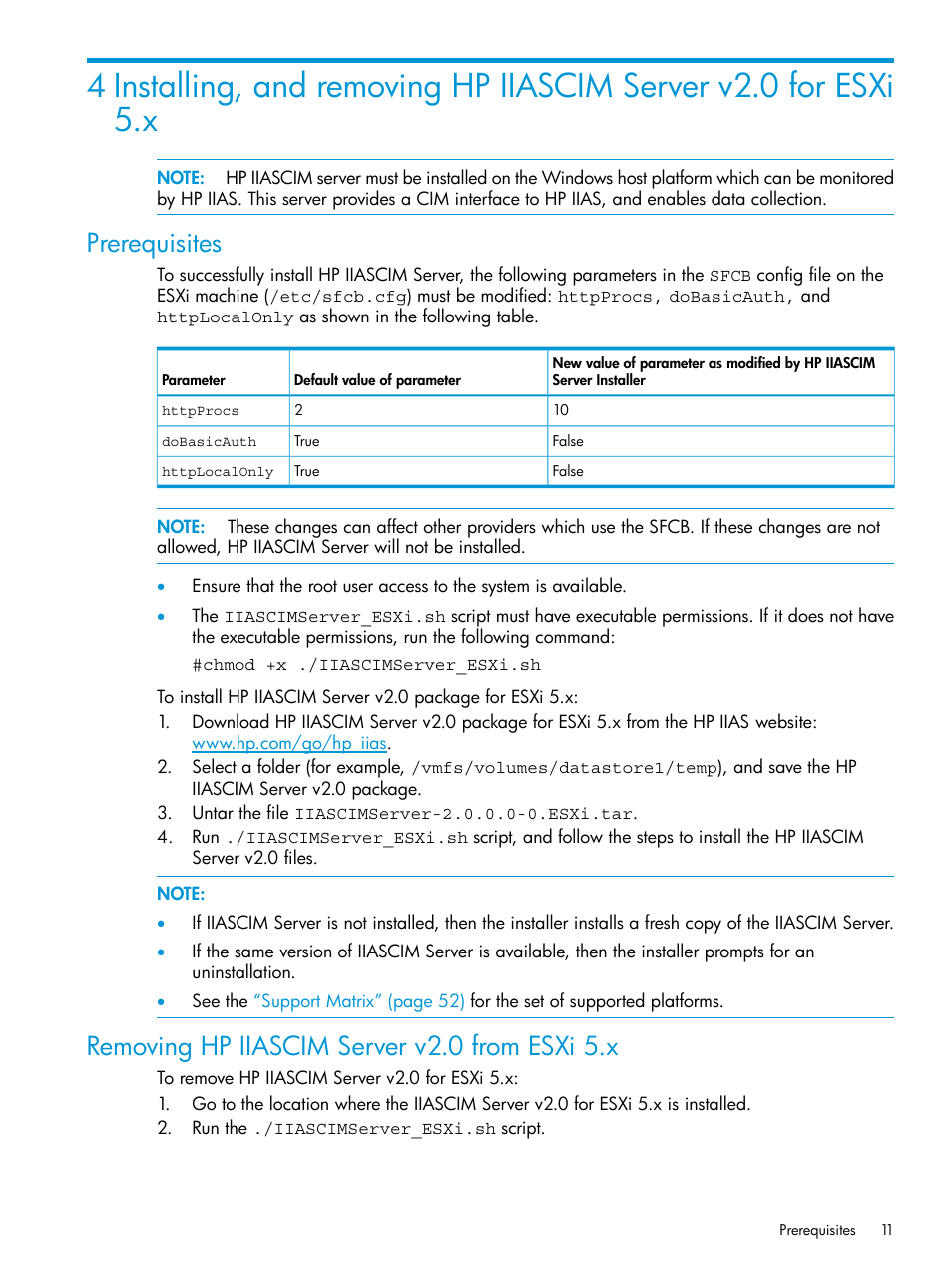 Prerequisites, Removing hp iiascim server v2.0 from esxi 5.x | HP Intelligent Infrastructure Analyzer Software User Manual | Page 11 / 62