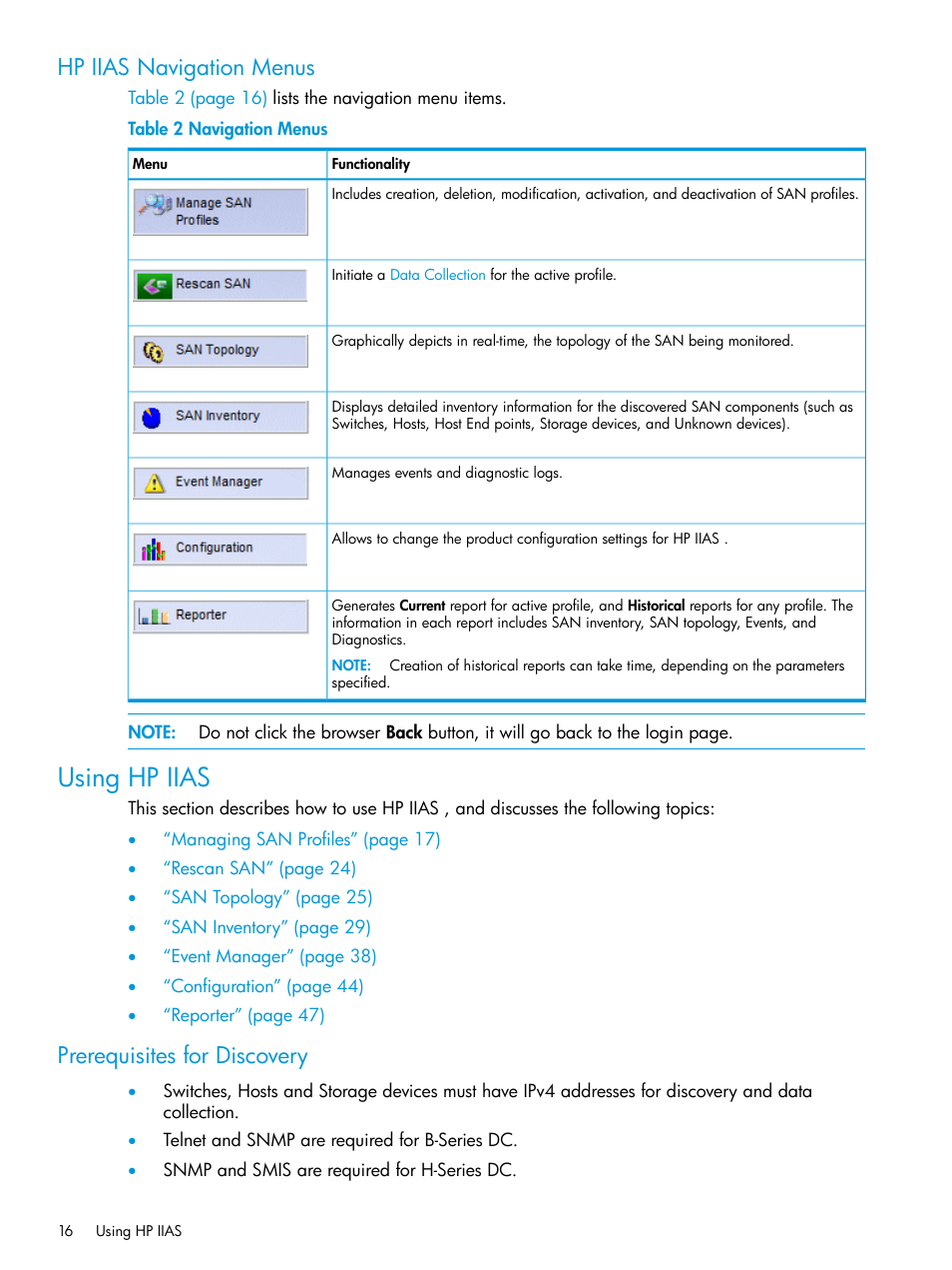 Hp iias navigation menus, Using hp iias, Prerequisites for discovery | HP Intelligent Infrastructure Analyzer Software User Manual | Page 16 / 62