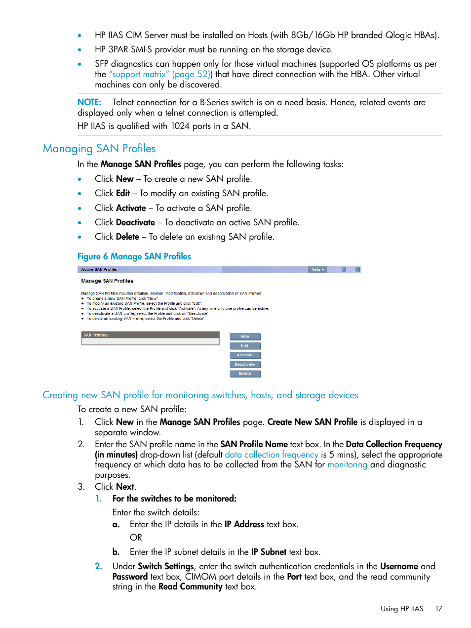 Managing san profiles, Manage san profiles | HP Intelligent Infrastructure Analyzer Software User Manual | Page 17 / 62
