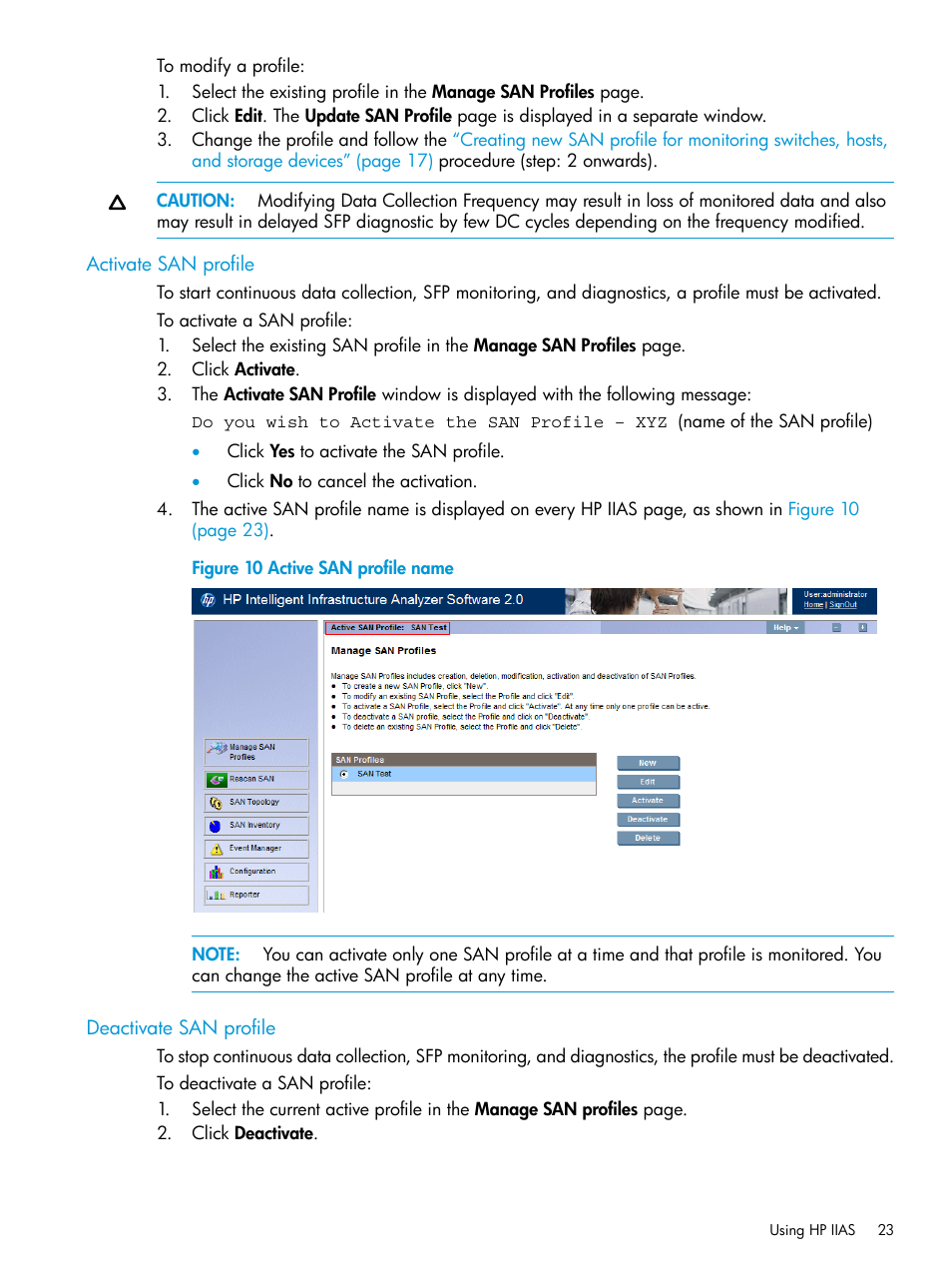 Activate san profile, Deactivate san profile, Activate san profile deactivate san profile | HP Intelligent Infrastructure Analyzer Software User Manual | Page 23 / 62