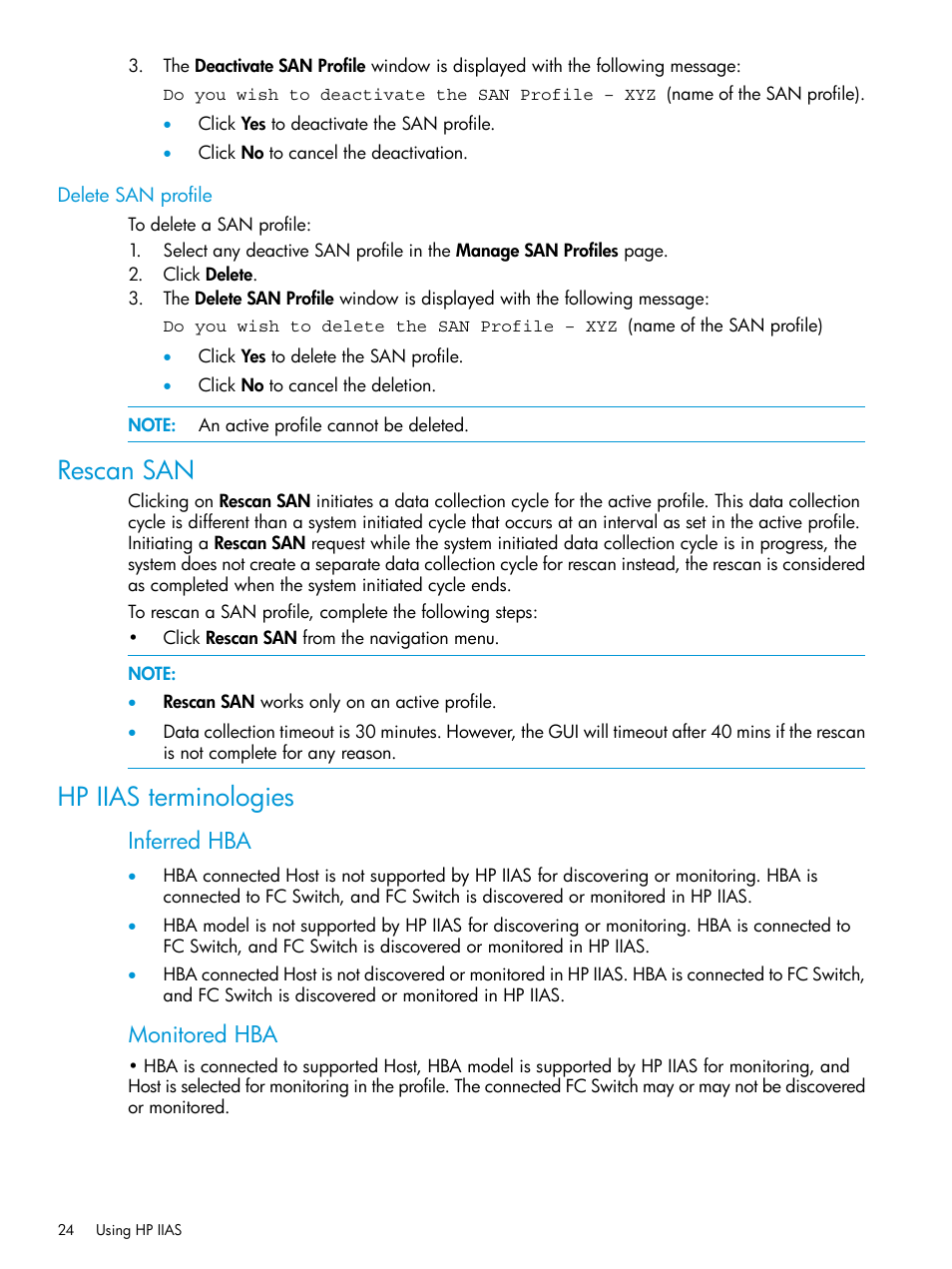 Delete san profile, Rescan san, Hp iias terminologies | Rescan san hp iias terminologies, Inferred hba, Monitored hba | HP Intelligent Infrastructure Analyzer Software User Manual | Page 24 / 62