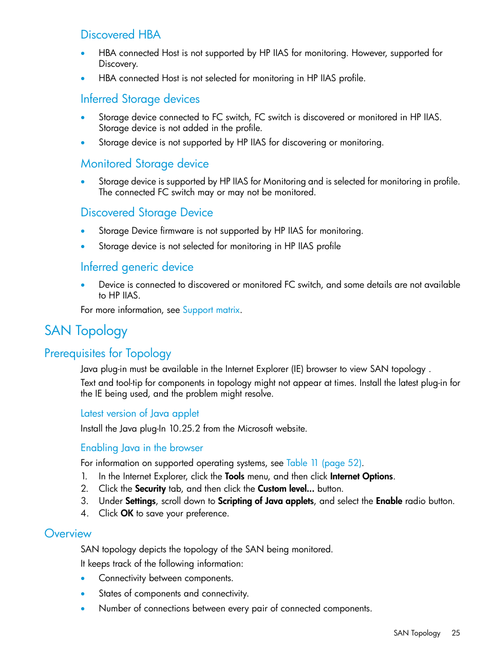 San topology, Prerequisites for topology, Overview | Prerequisites for topology overview, Discovered hba, Inferred storage devices, Monitored storage device, Discovered storage device, Inferred generic device | HP Intelligent Infrastructure Analyzer Software User Manual | Page 25 / 62