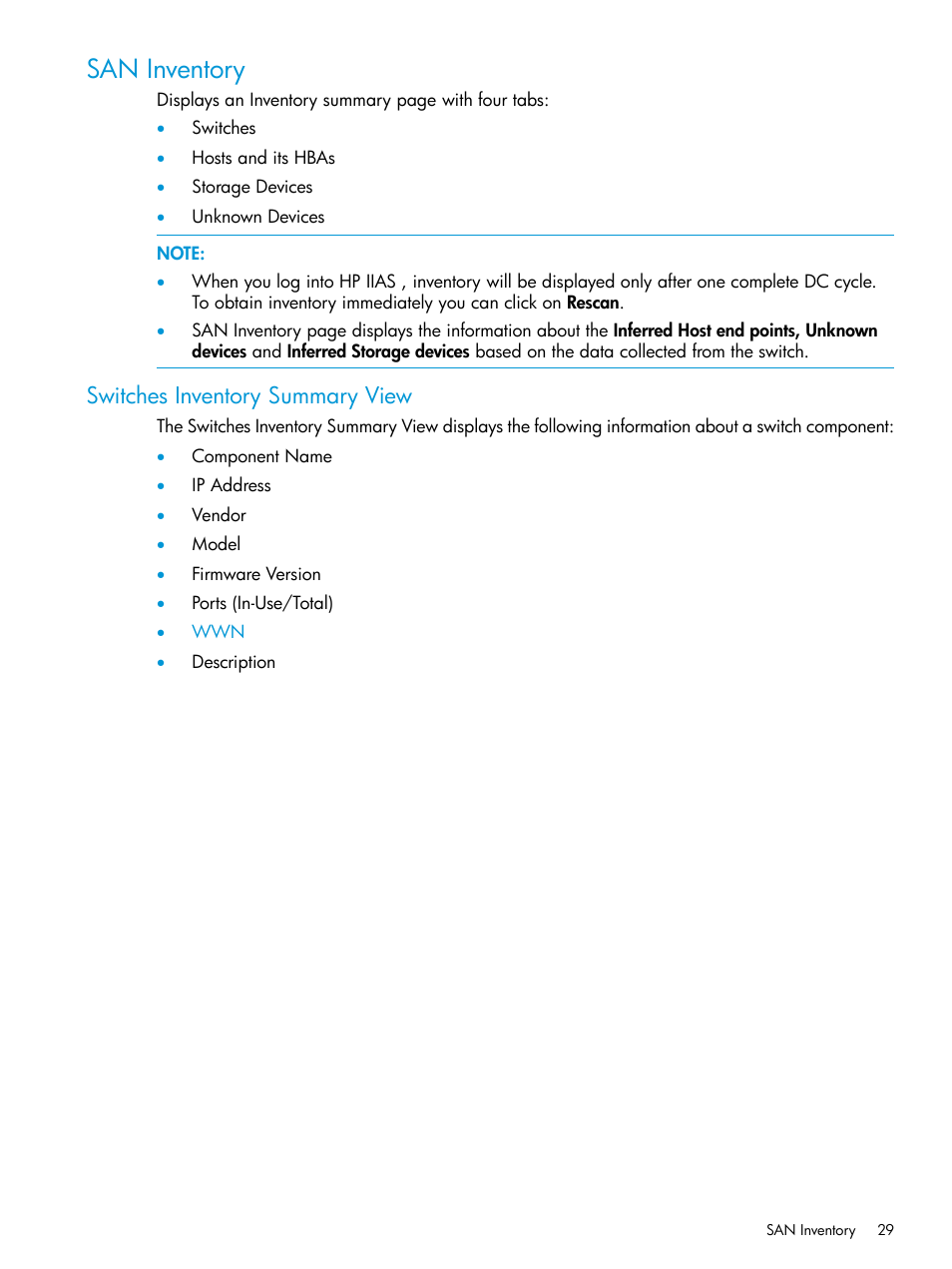 San inventory, Switches inventory summary view | HP Intelligent Infrastructure Analyzer Software User Manual | Page 29 / 62