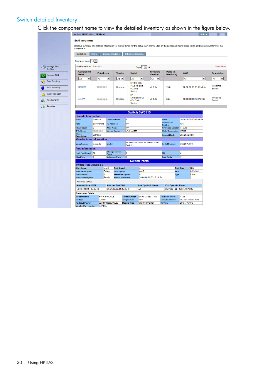 Switch detailed inventory | HP Intelligent Infrastructure Analyzer Software User Manual | Page 30 / 62