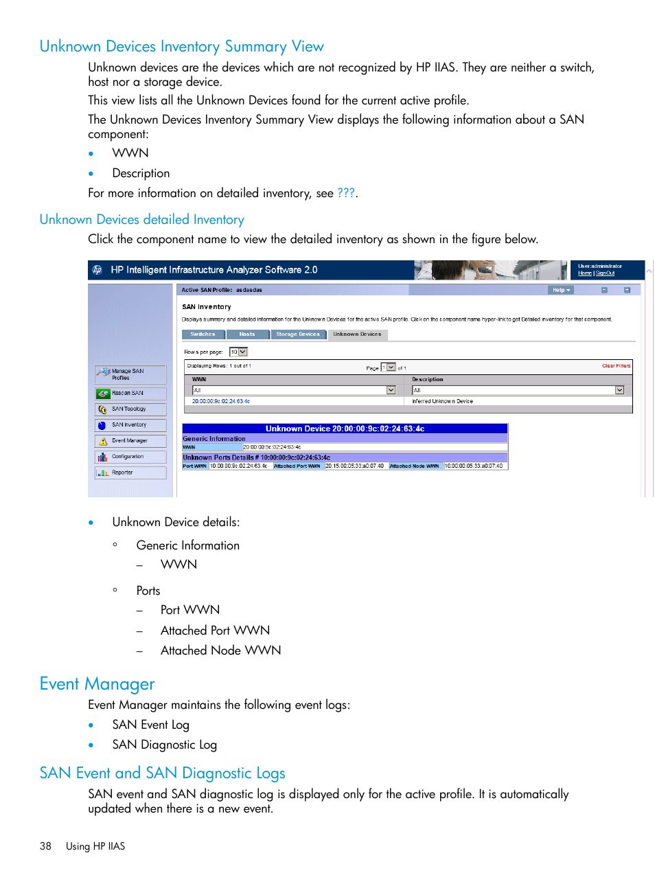 Unknown devices detailed inventory, Event manager, San event and san diagnostic logs | Unknown devices inventory summary view | HP Intelligent Infrastructure Analyzer Software User Manual | Page 38 / 62