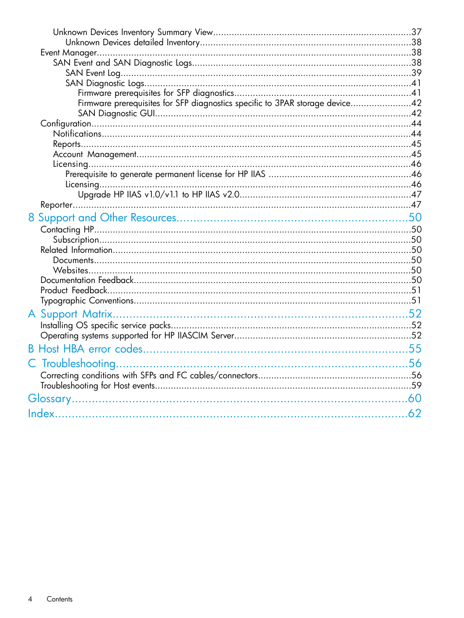 8 support and other resources, A support matrix, B host hba error codes c troubleshooting | Glossary index | HP Intelligent Infrastructure Analyzer Software User Manual | Page 4 / 62