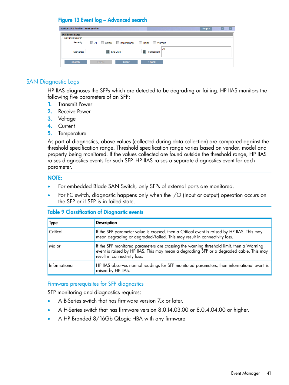 San diagnostic logs, Firmware prerequisites for sfp diagnostics, Firmware | HP Intelligent Infrastructure Analyzer Software User Manual | Page 41 / 62