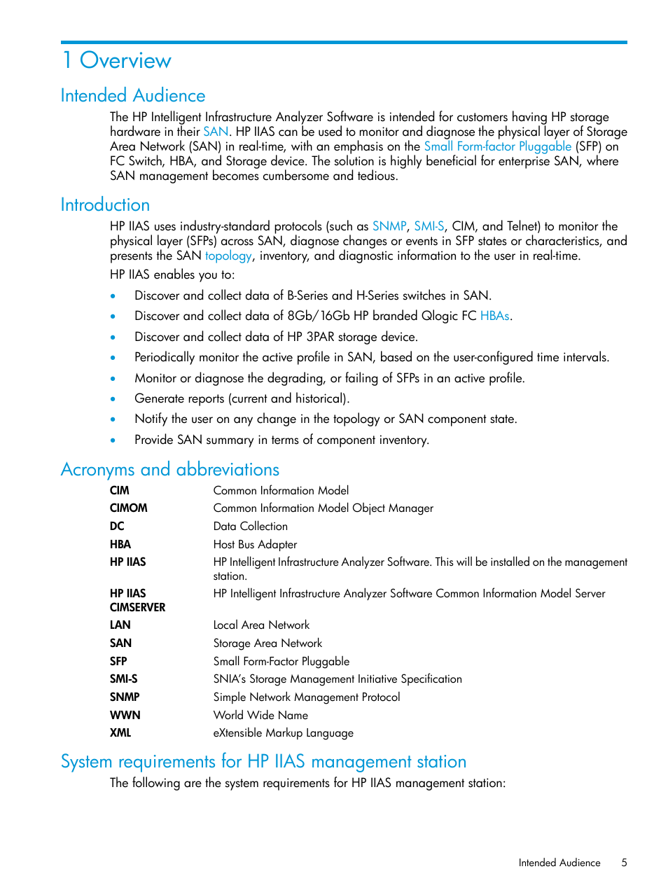1 overview, Intended audience, Introduction | Acronyms and abbreviations, System requirements for hp iias management station | HP Intelligent Infrastructure Analyzer Software User Manual | Page 5 / 62