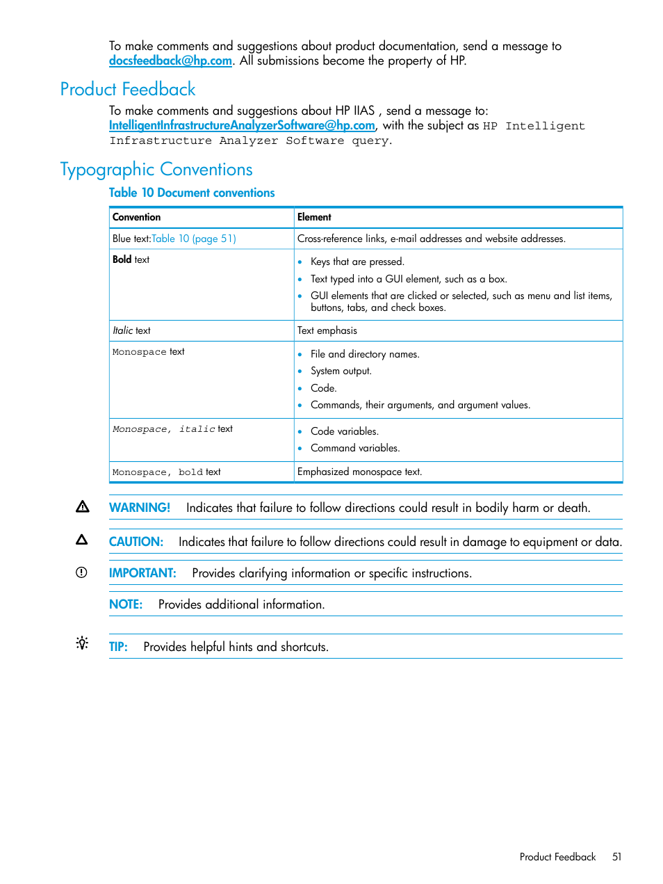 Product feedback, Typographic conventions, Product feedback typographic conventions | HP Intelligent Infrastructure Analyzer Software User Manual | Page 51 / 62