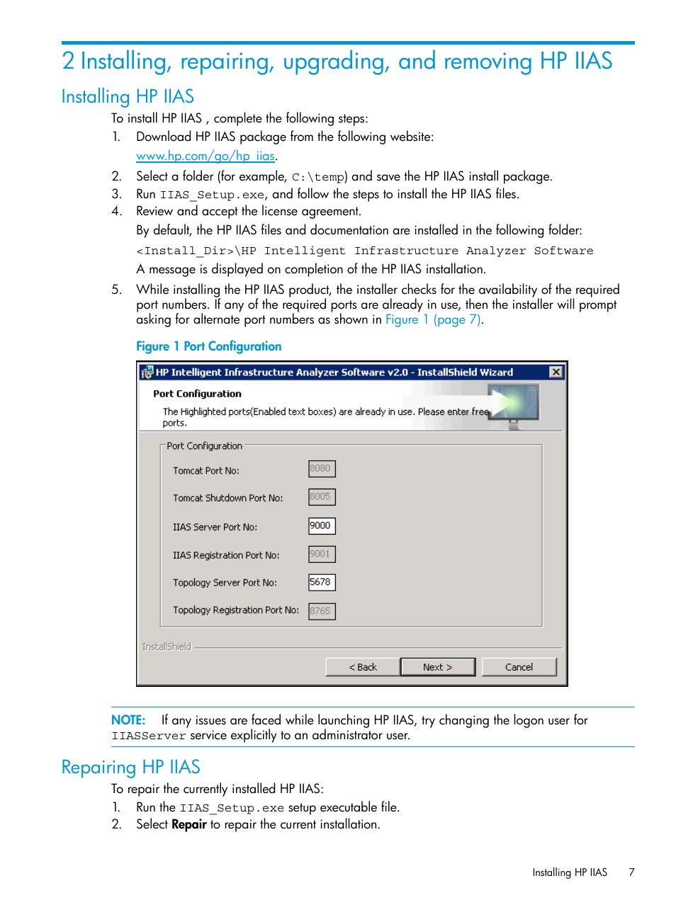 Installing hp iias, Repairing hp iias, Installing hp iias repairing hp iias | HP Intelligent Infrastructure Analyzer Software User Manual | Page 7 / 62