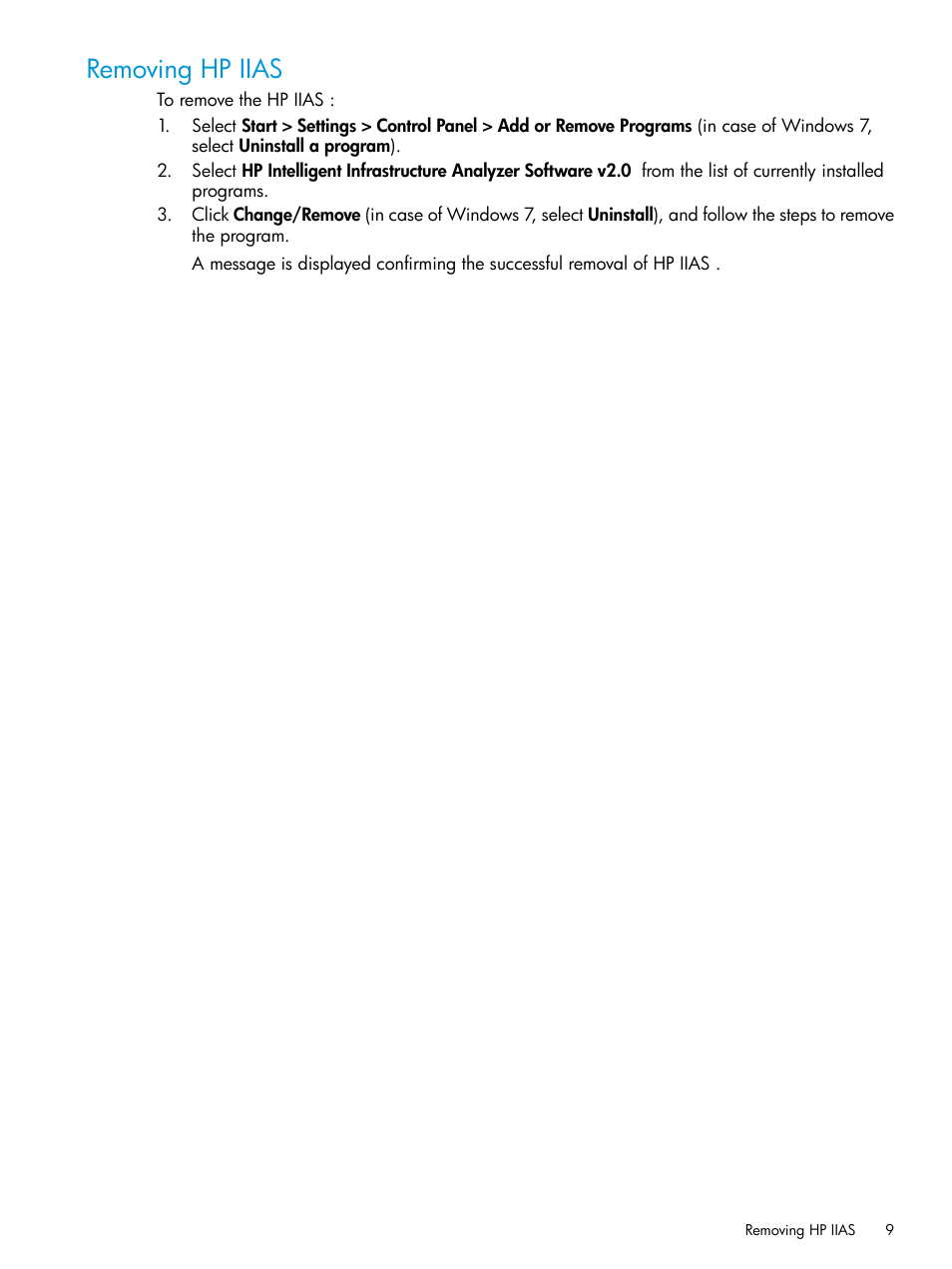 Removing hp iias | HP Intelligent Infrastructure Analyzer Software User Manual | Page 9 / 62