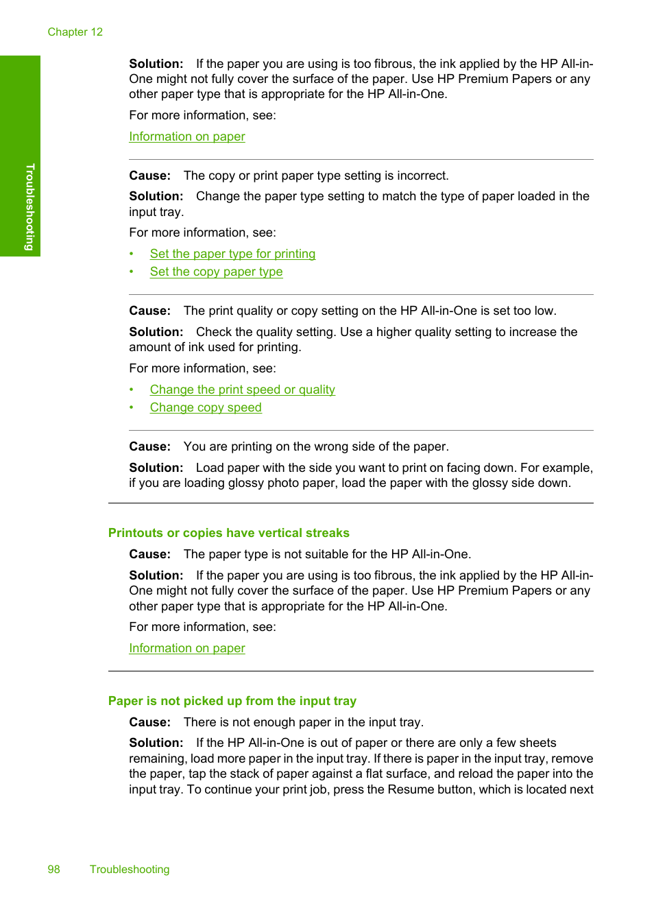 Printouts or copies have vertical streaks, Paper is not picked up from the input tray | HP Deskjet F2140 All-in-One Printer User Manual | Page 100 / 140
