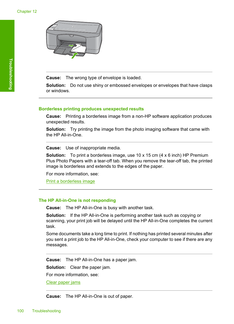 Borderless printing produces unexpected results, The hp all-in-one is not responding | HP Deskjet F2140 All-in-One Printer User Manual | Page 102 / 140