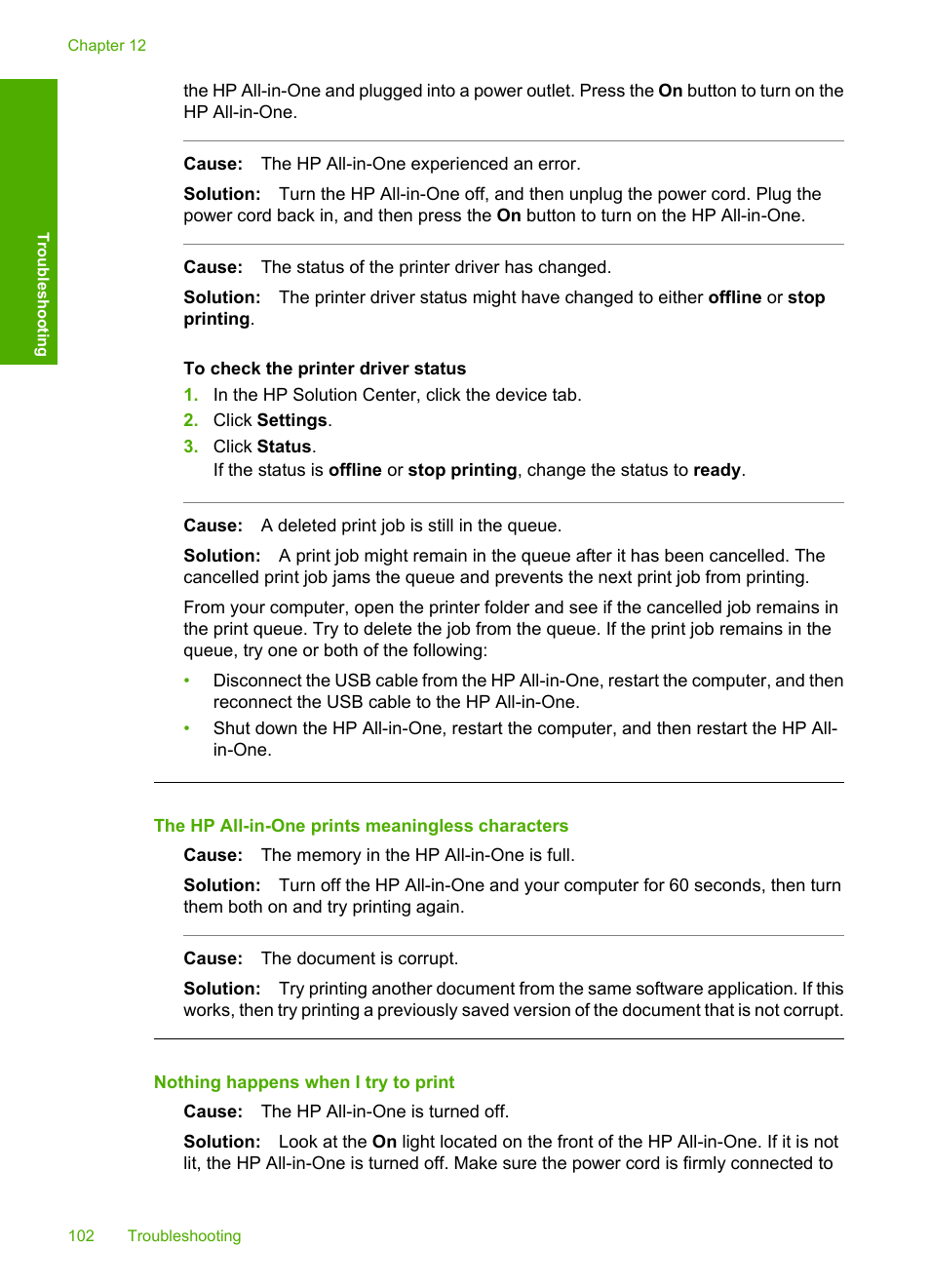 The hp all-in-one prints meaningless characters, Nothing happens when i try to print | HP Deskjet F2140 All-in-One Printer User Manual | Page 104 / 140