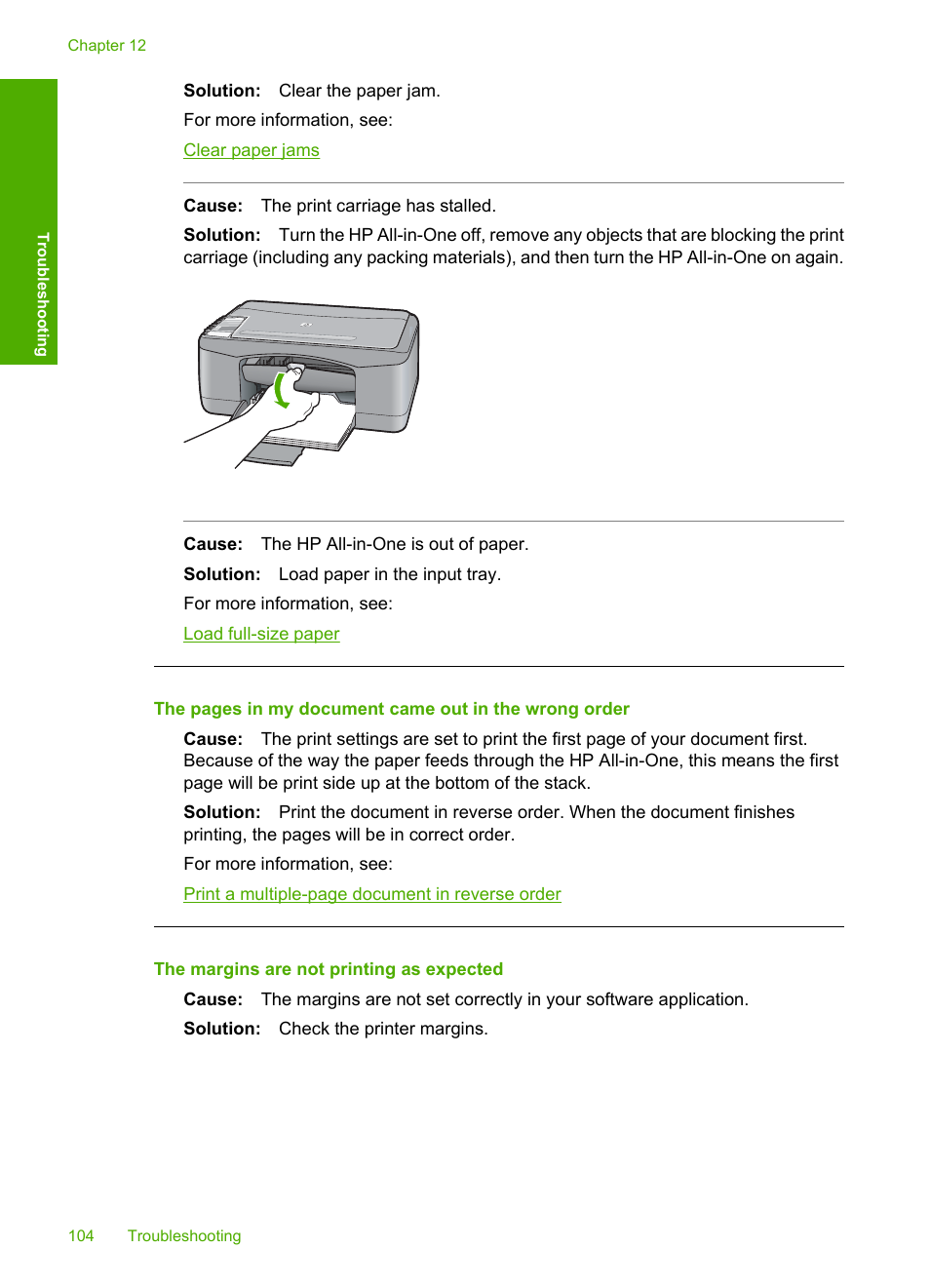 The margins are not printing as expected | HP Deskjet F2140 All-in-One Printer User Manual | Page 106 / 140