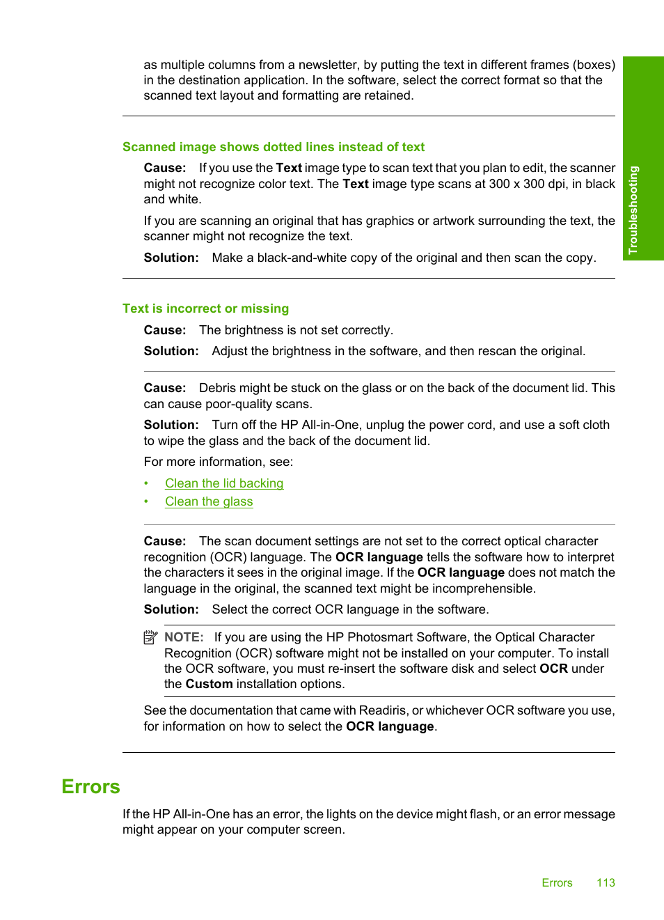 Errors, Flashing lights device messages file messages, Supported file types for the hp all-in-one | Scanned image shows dotted lines instead of text, Text is incorrect or missing | HP Deskjet F2140 All-in-One Printer User Manual | Page 115 / 140