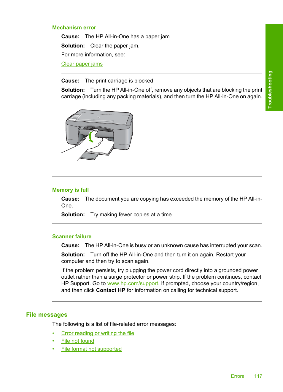 File messages, Mechanism error, Memory is full | Scanner failure | HP Deskjet F2140 All-in-One Printer User Manual | Page 119 / 140