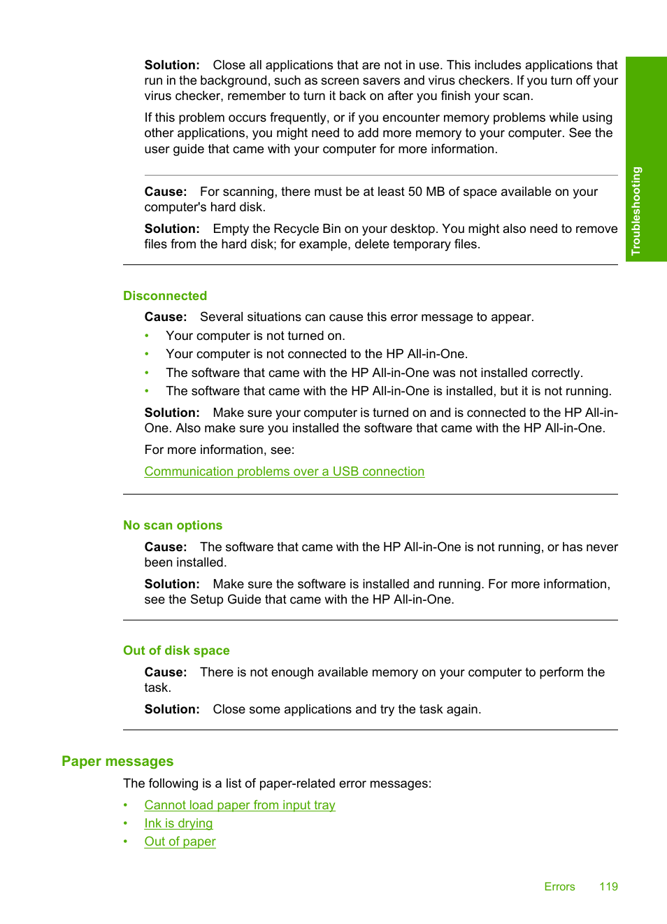 Paper messages, Disconnected, No scan options | Out of disk space | HP Deskjet F2140 All-in-One Printer User Manual | Page 121 / 140