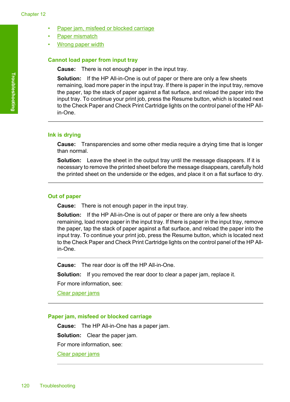 Cannot load paper from input tray, Ink is drying, Out of paper | HP Deskjet F2140 All-in-One Printer User Manual | Page 122 / 140