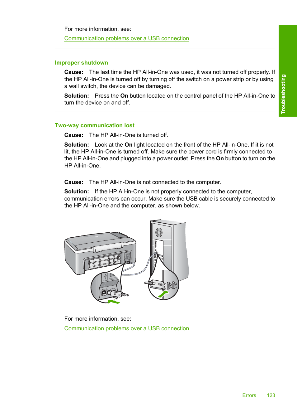 Improper shutdown, Two-way communication lost | HP Deskjet F2140 All-in-One Printer User Manual | Page 125 / 140