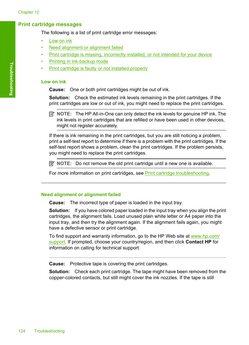 Print cartridge messages | HP Deskjet F2140 All-in-One Printer User Manual | Page 126 / 140
