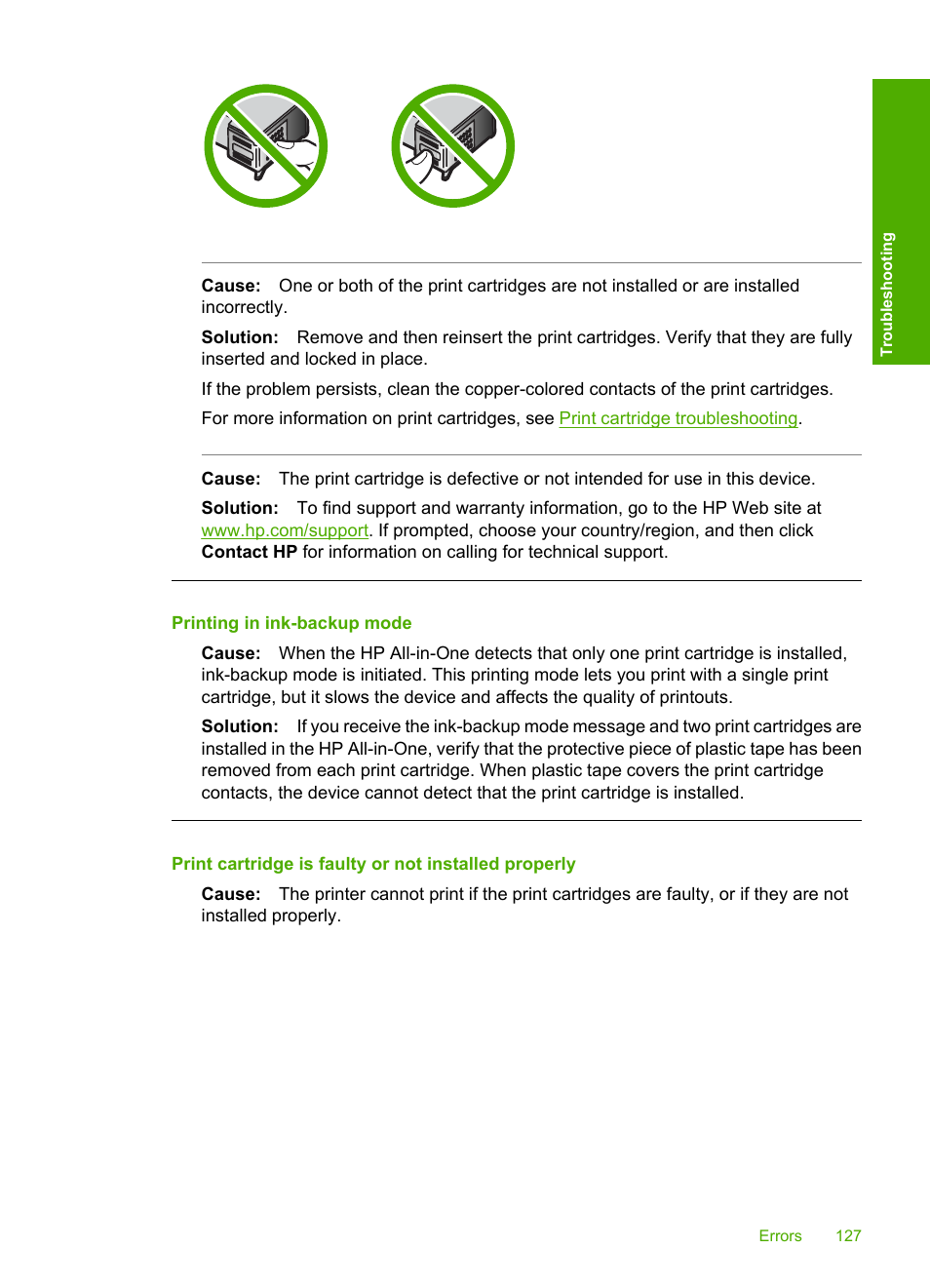 Printing in ink-backup mode | HP Deskjet F2140 All-in-One Printer User Manual | Page 129 / 140