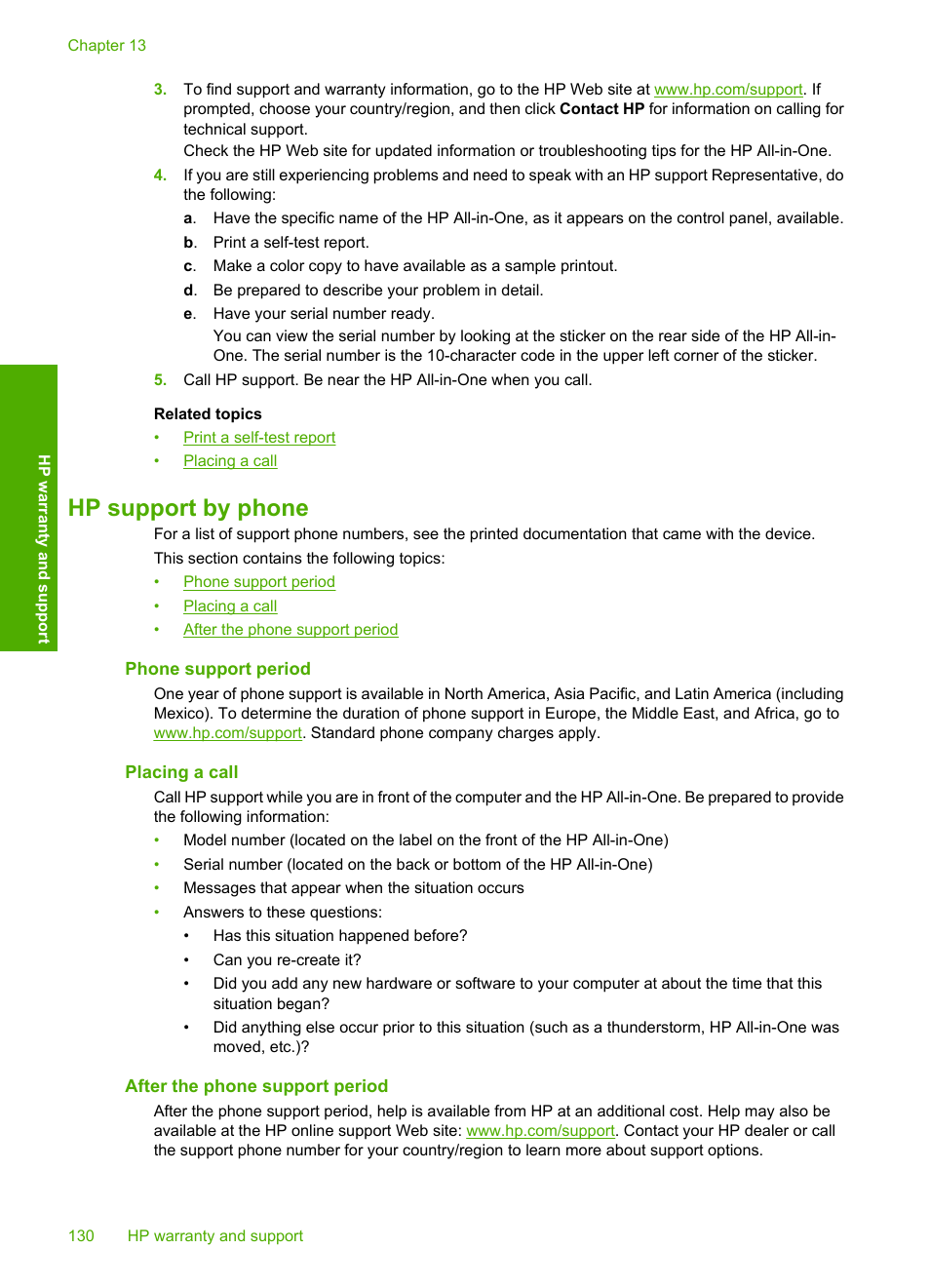 Hp support by phone, Phone support period, Placing a call | After the phone support period | HP Deskjet F2140 All-in-One Printer User Manual | Page 132 / 140